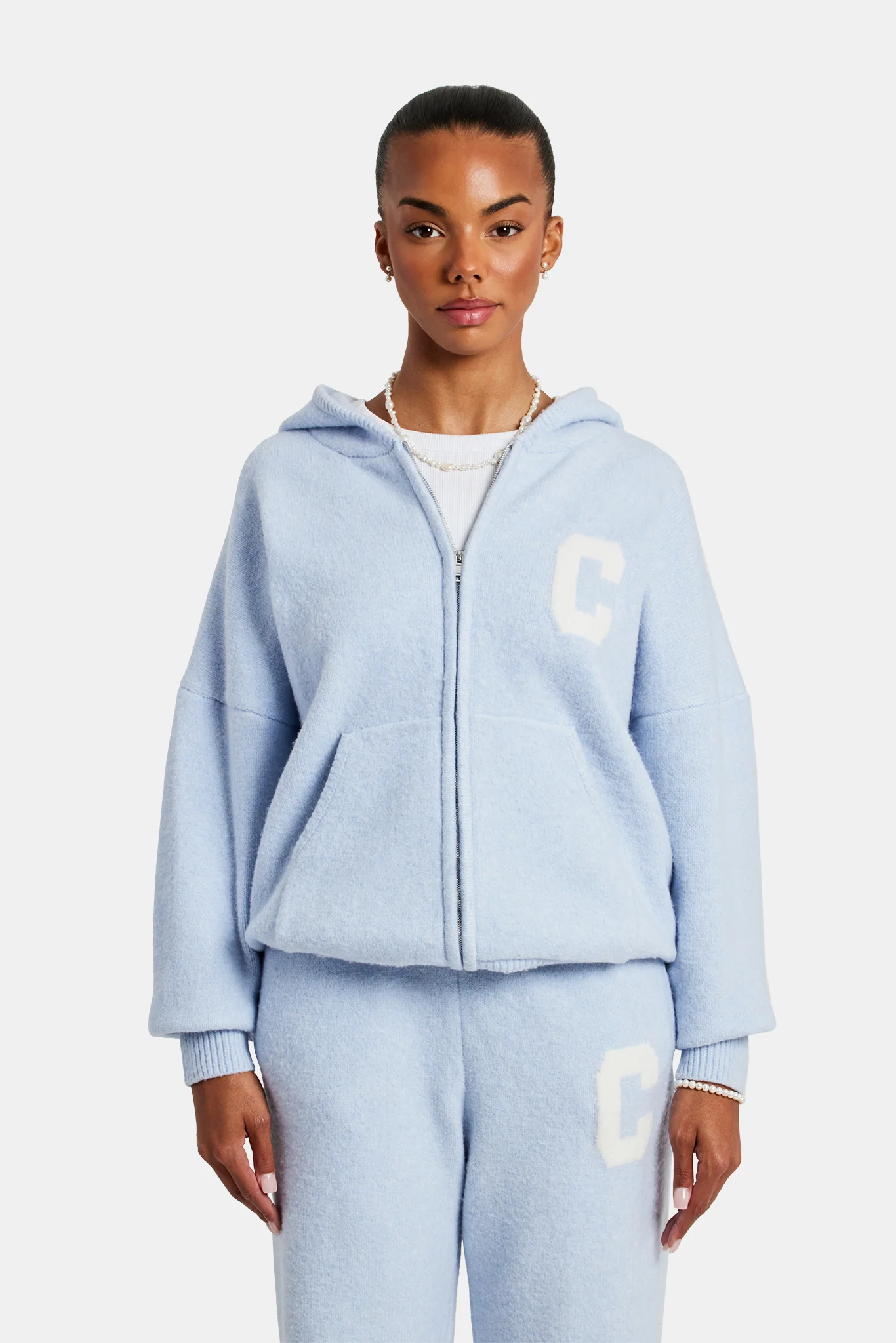 Hooded Zip Through Knitted Tracksuit - Light Blue - Image 3