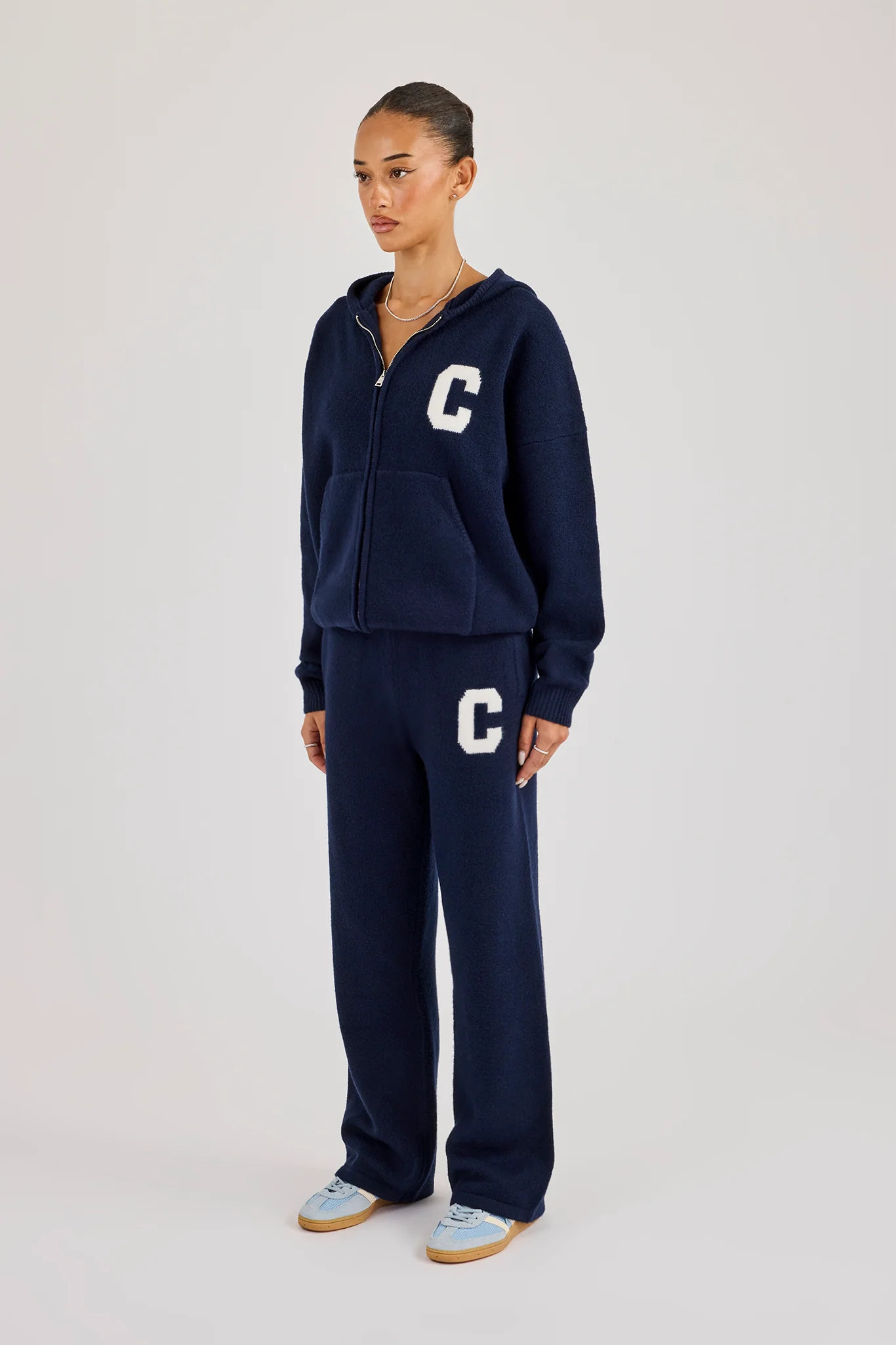 Hooded Zip Through Knitted Tracksuit - Navy - Image 3