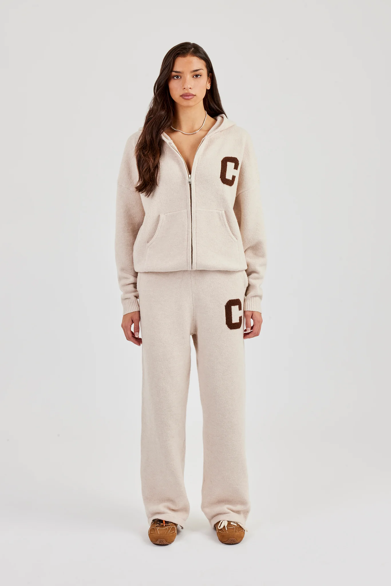 Hooded Zip Through Knitted Tracksuit - Off White - Image 4