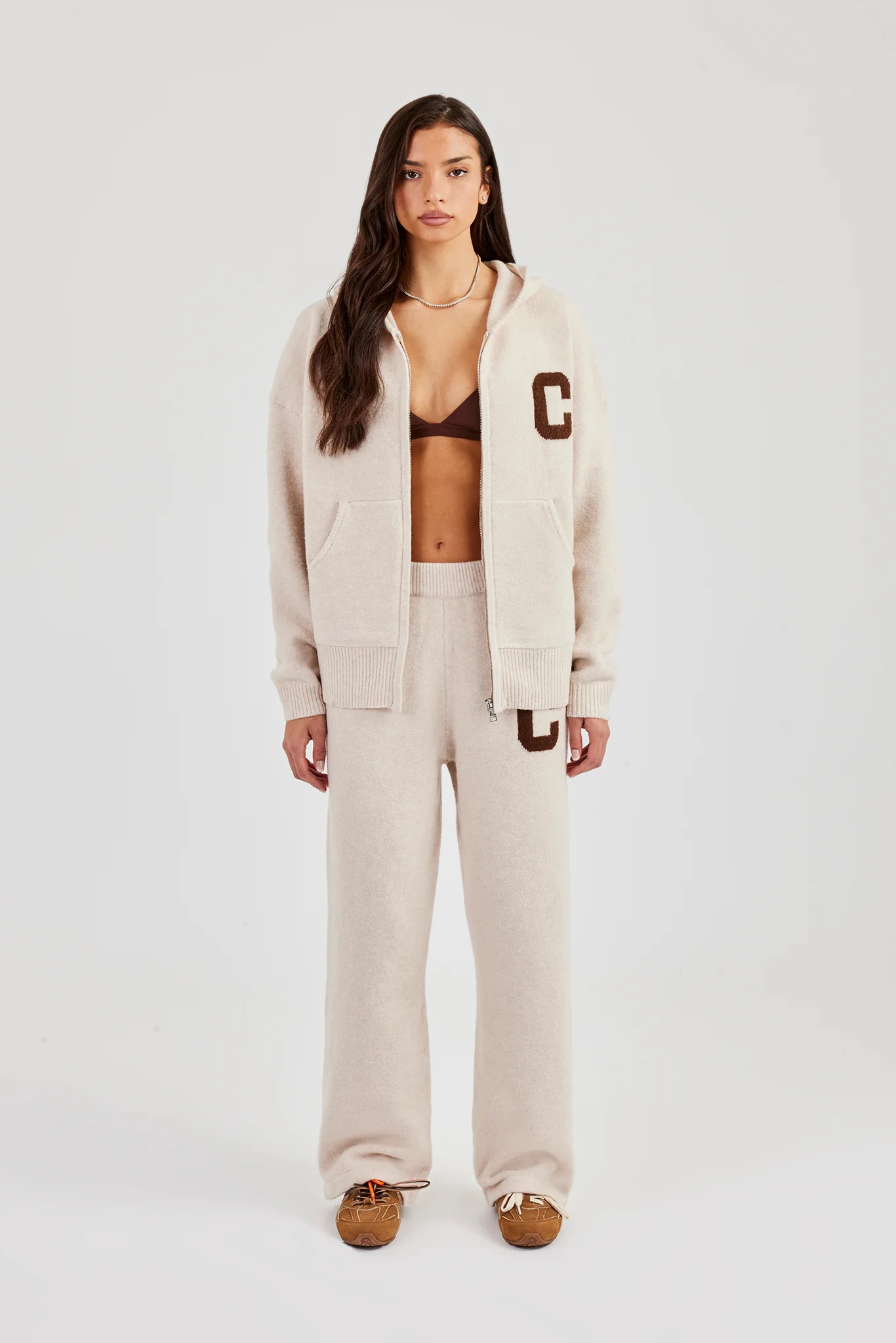 Hooded Zip Through Knitted Tracksuit - Off White - Image 5