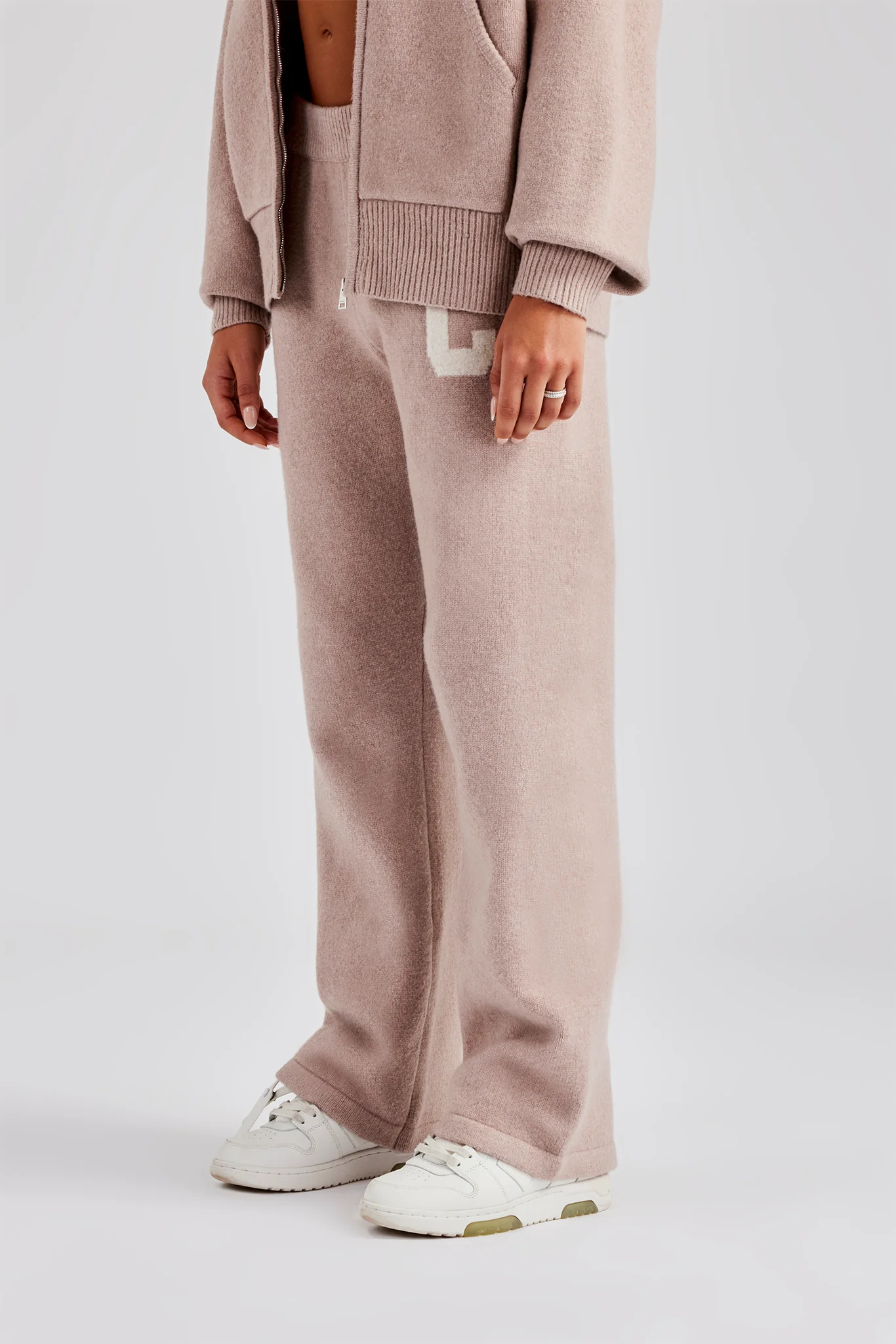 Hooded Zip Through Knitted Tracksuit - Pink - Image 6
