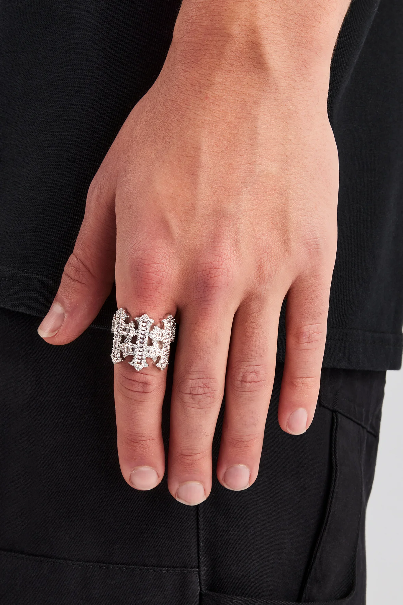 Iced Baguette Cross Motif Ring - White - Image 2