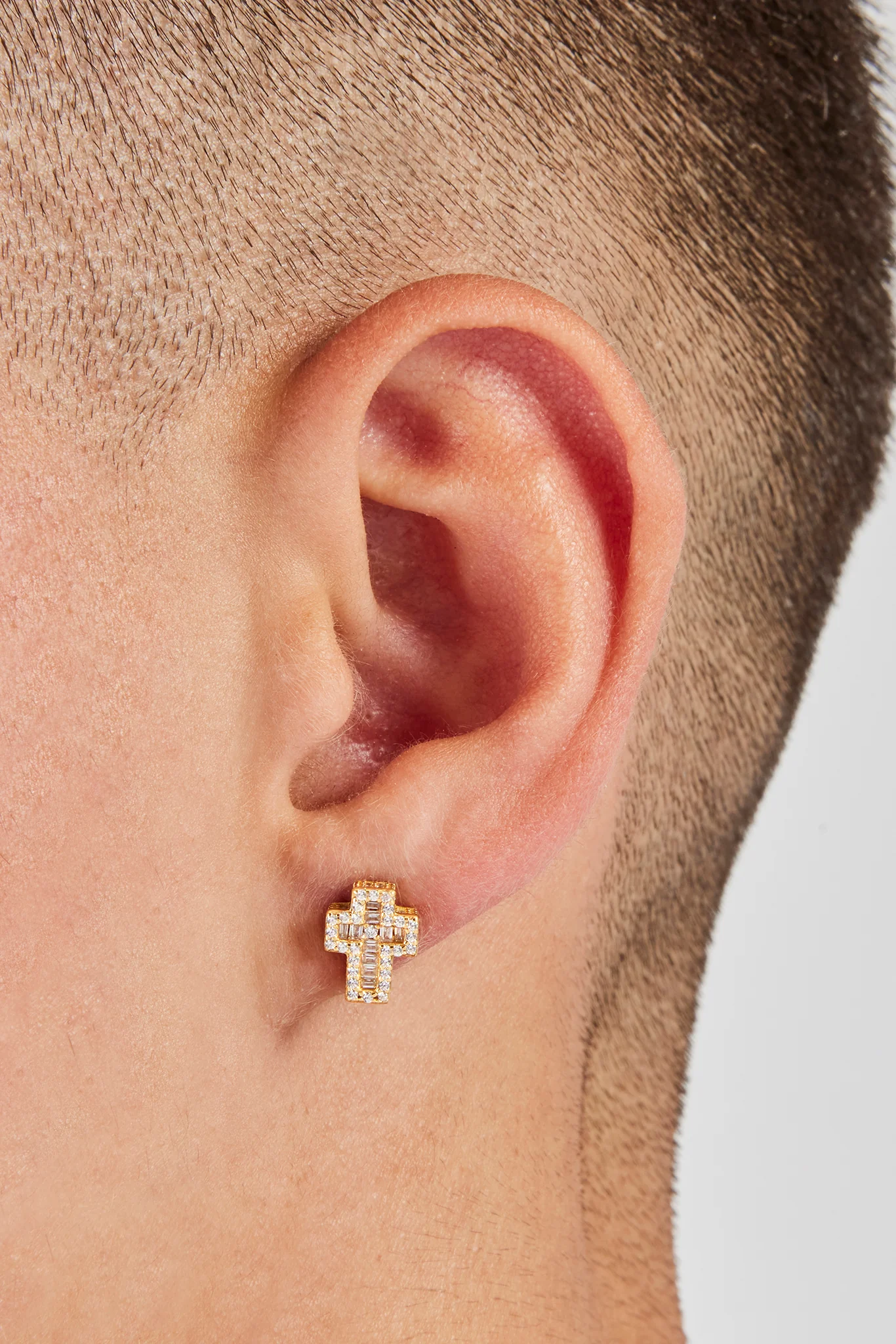 Iced Baguette Cross Stud Earrings - 8mm - Gold - Image 2