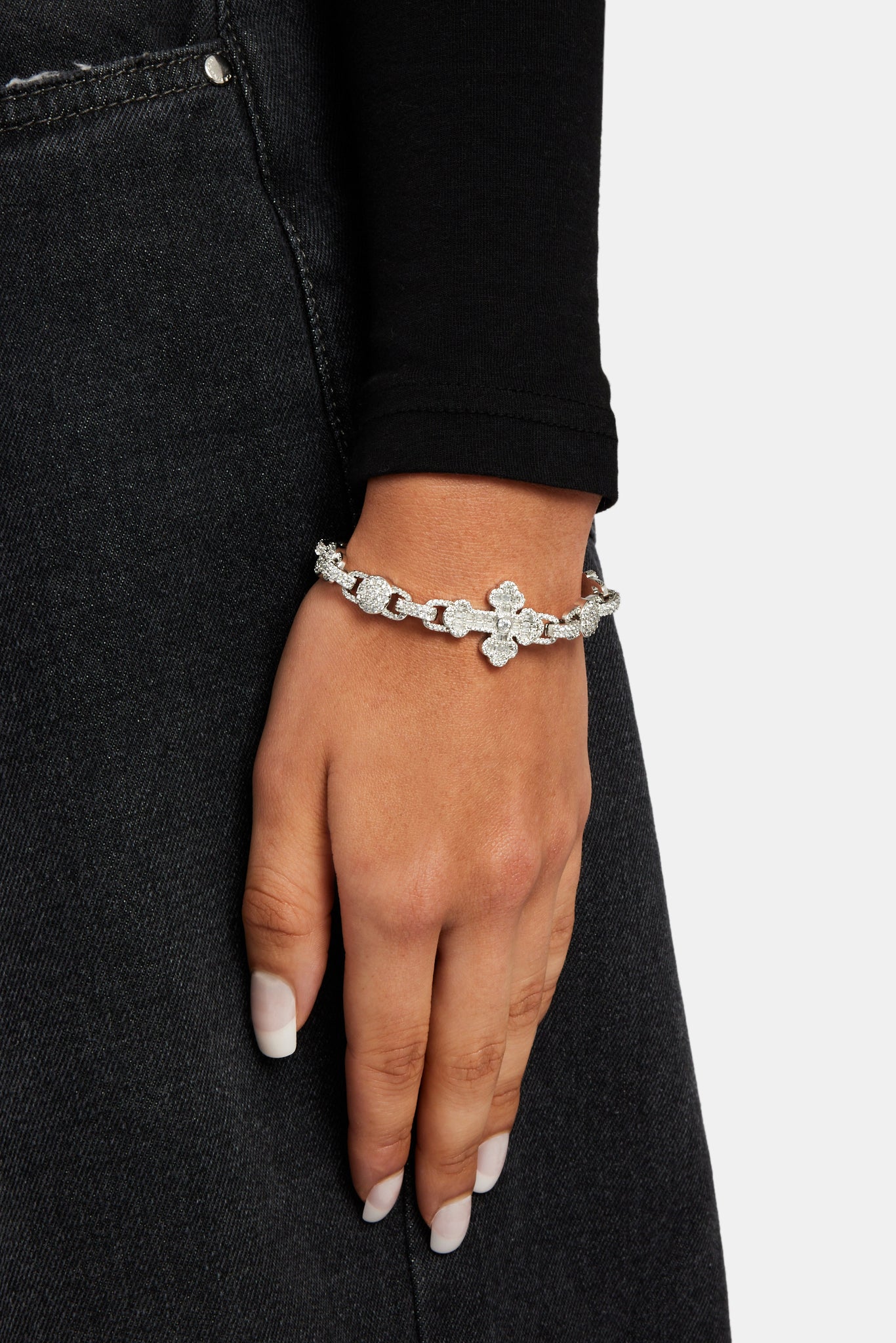 Iced Baguette CZ Cross Drop Bracelet - Image 2