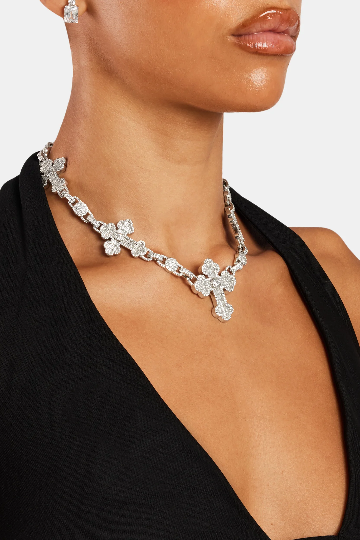 Iced Baguette CZ Cross Drop Necklace - Image 3