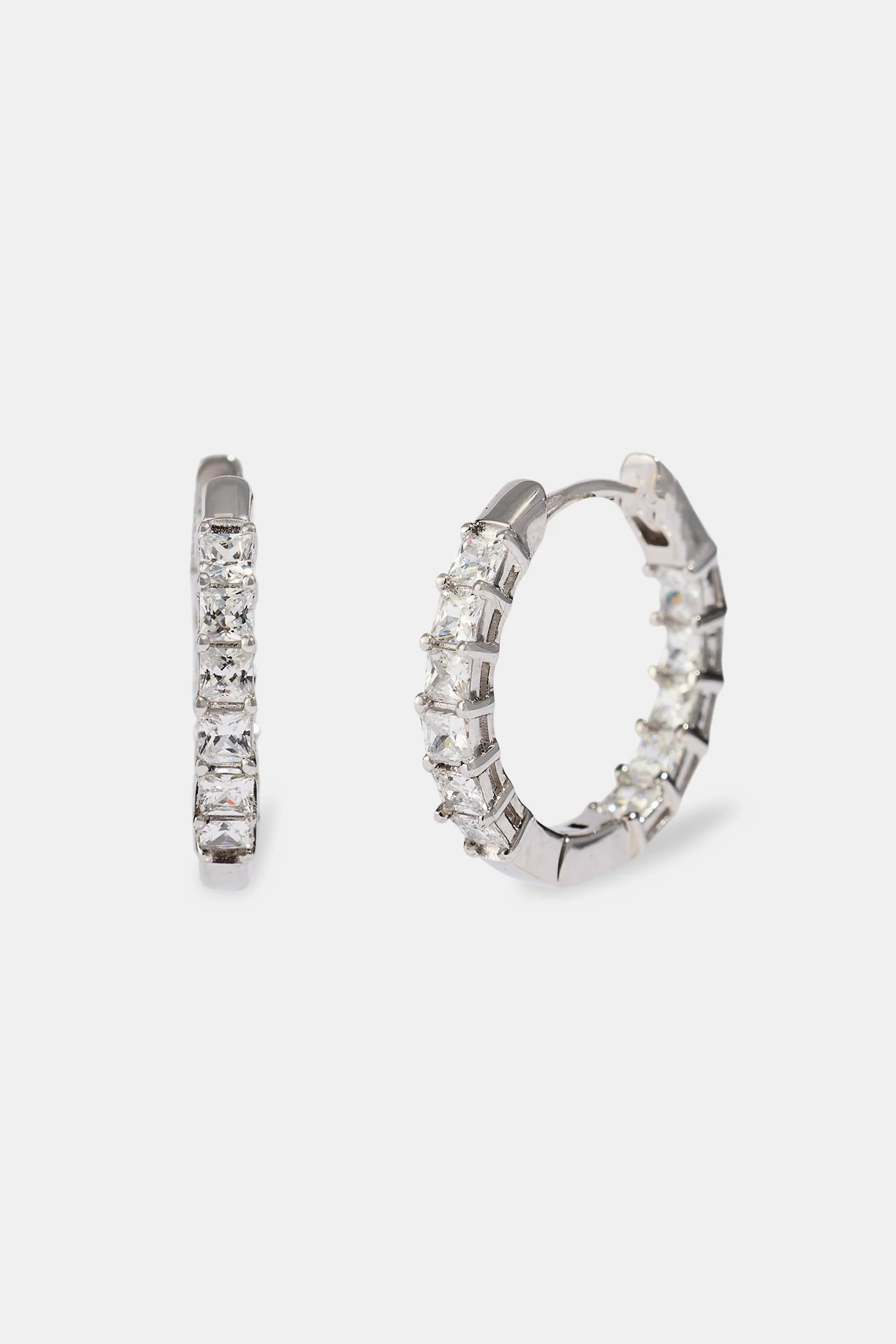 Iced Baguette Hoop Earrings - 20mm - White Gold