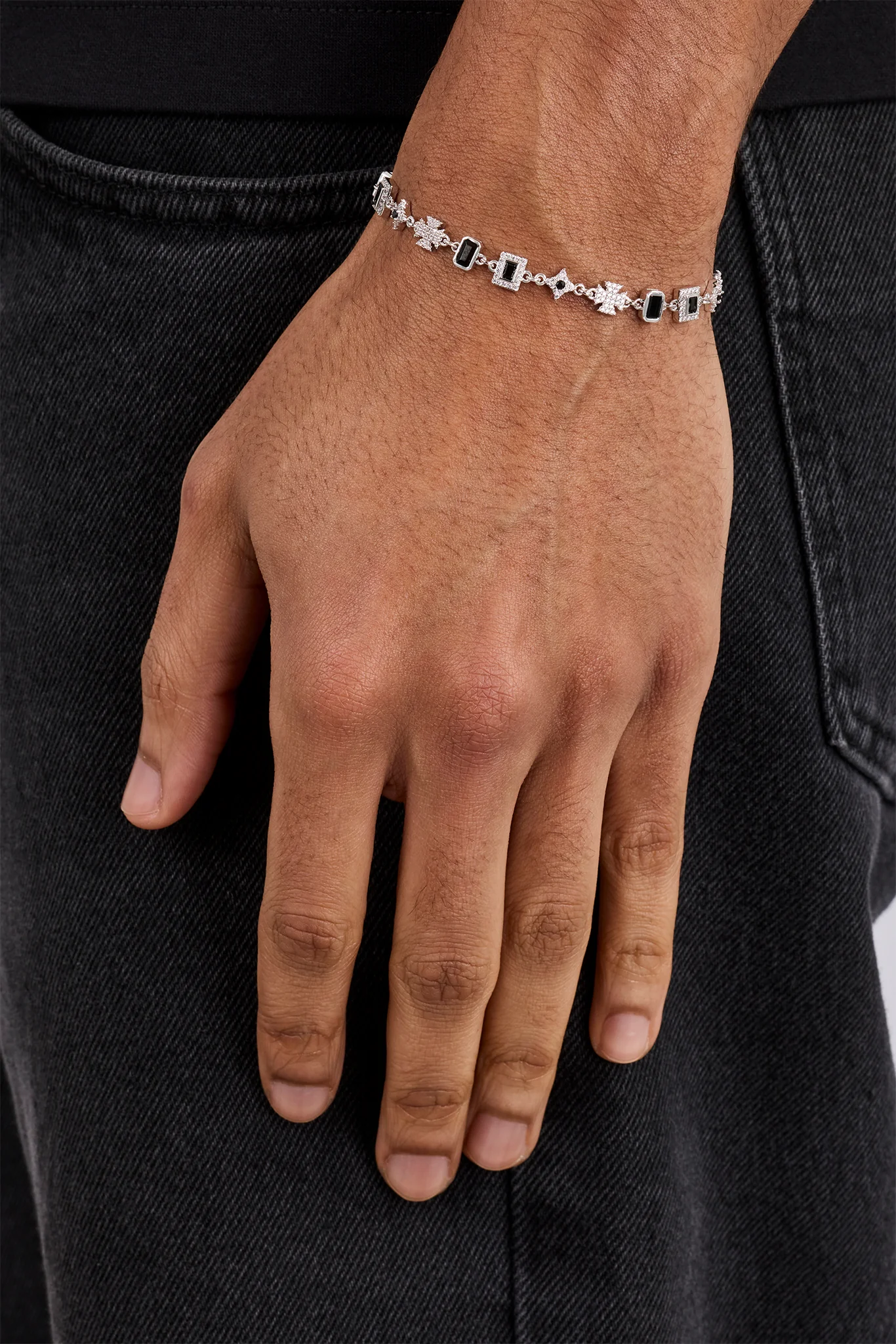 Iced Black Gemstone & Motif Bracelet - 6mm - White - Image 2