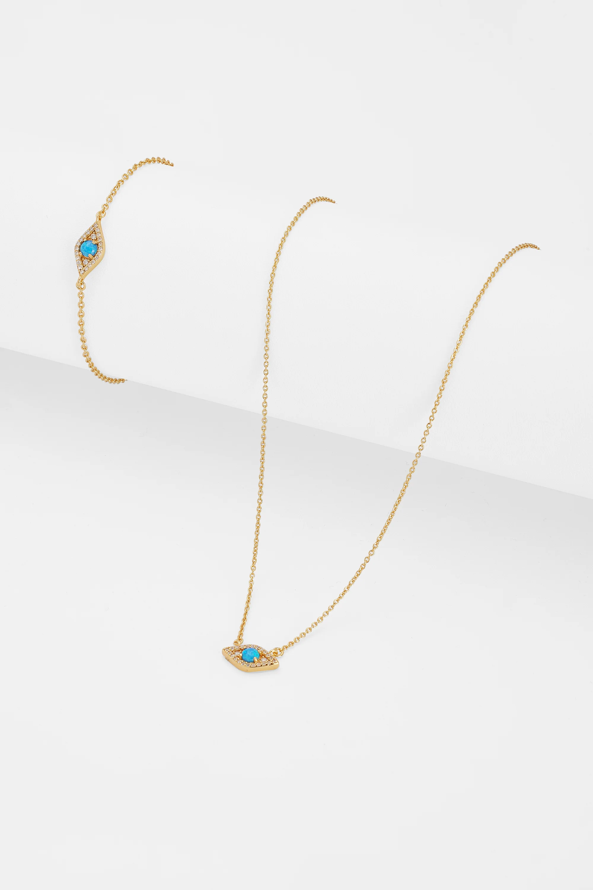 Iced Blue Opal Mini Evil Eye Necklace + Bracelet Bundle - Gold