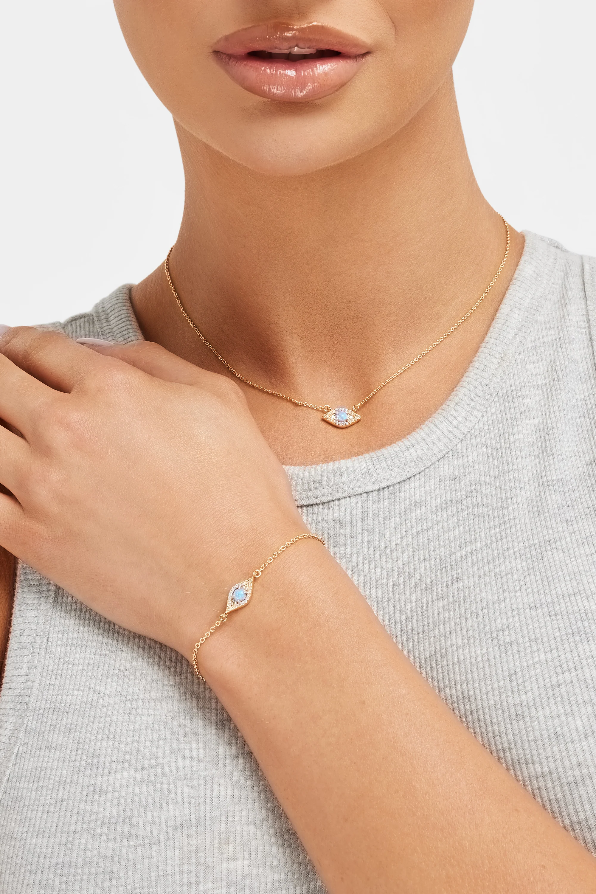 Iced Blue Opal Mini Evil Eye Necklace + Bracelet Bundle - Gold - Image 2
