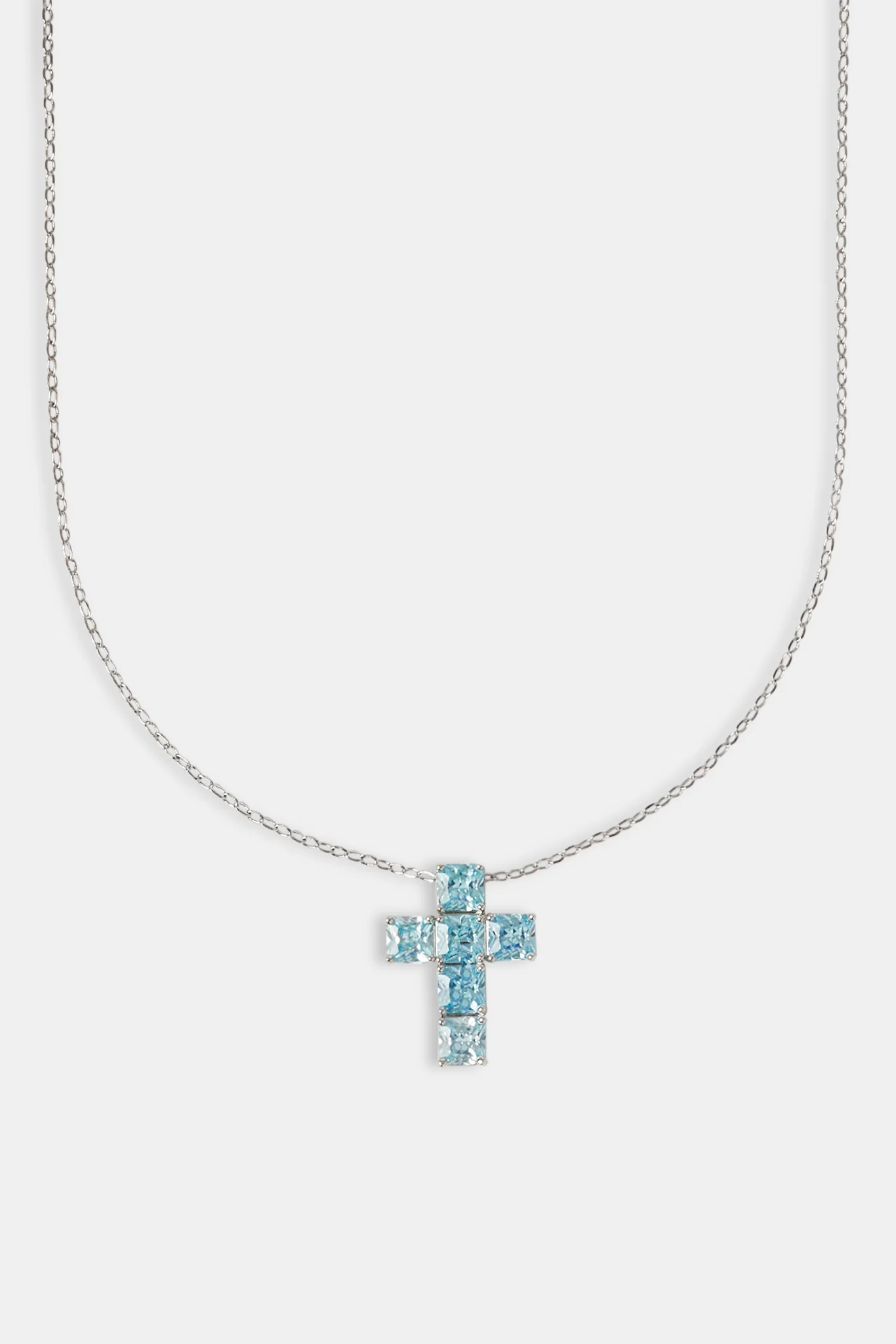 Iced Blue Square Stone Cross Necklace - 25mm - Image 2