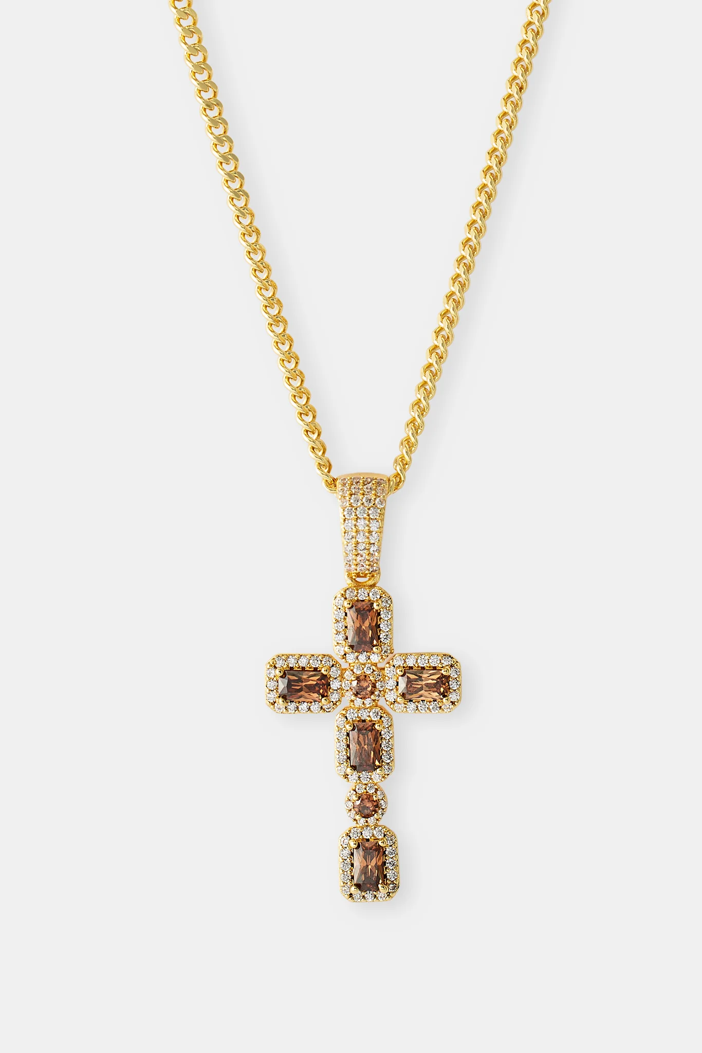 Iced Chocolate Gemstone Cross Cuban Necklace - 40mm - Gold - Image 3