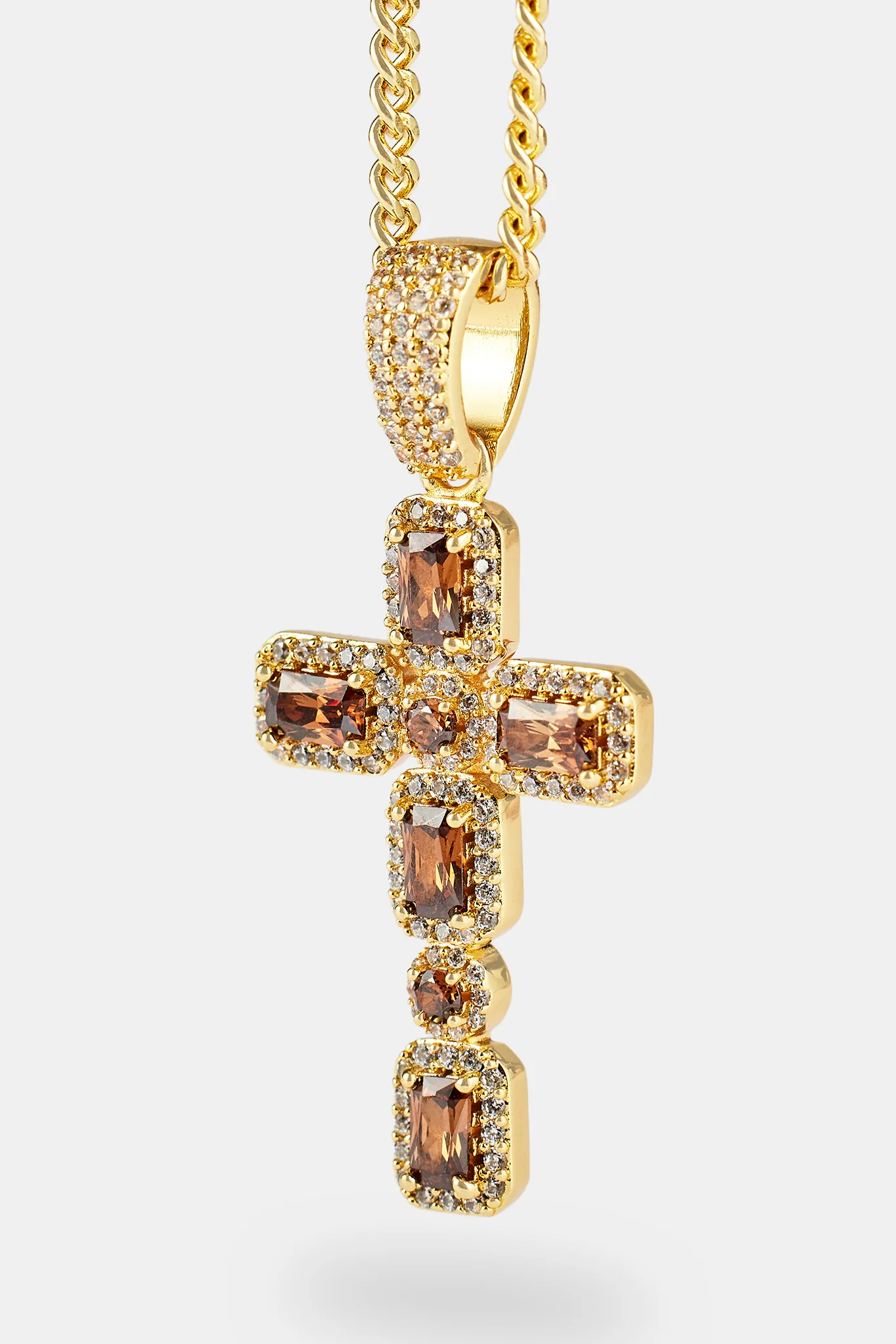 Iced Chocolate Gemstone Cross Cuban Necklace - 40mm - Gold - Image 4