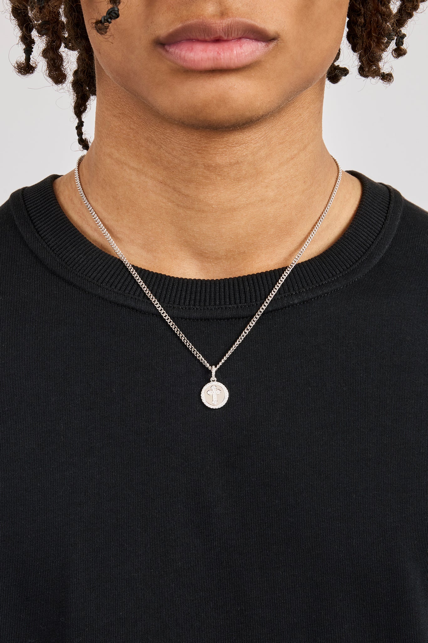 Iced Cross Disk Necklace - 13mm - White - Image 2