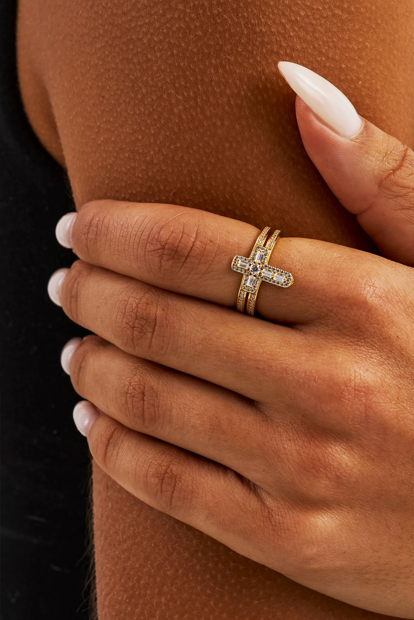 Iced Cross Double Row Ring - 15mm - Gold