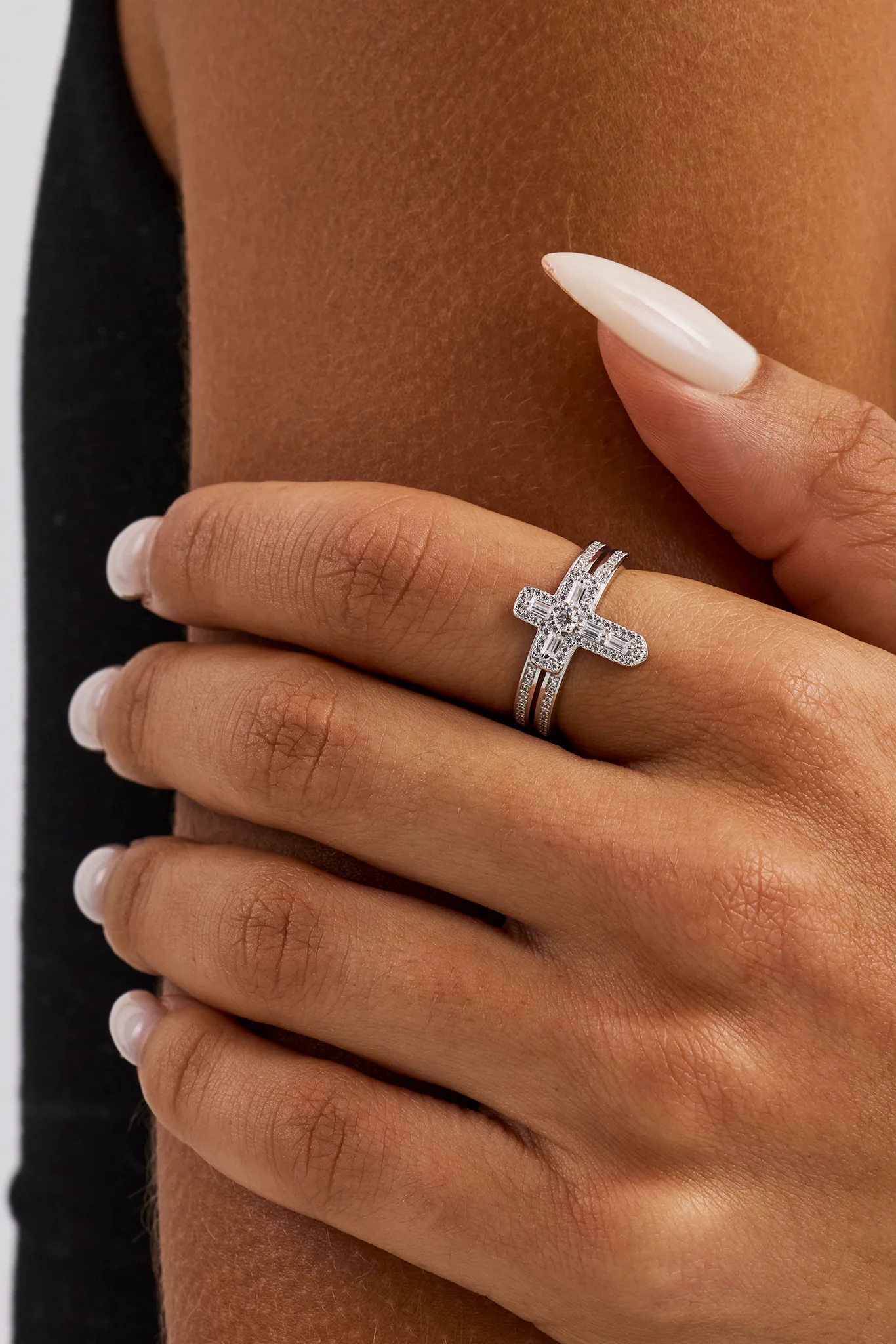 Iced Cross Double Row Ring - 15mm - White Gold - Image 3