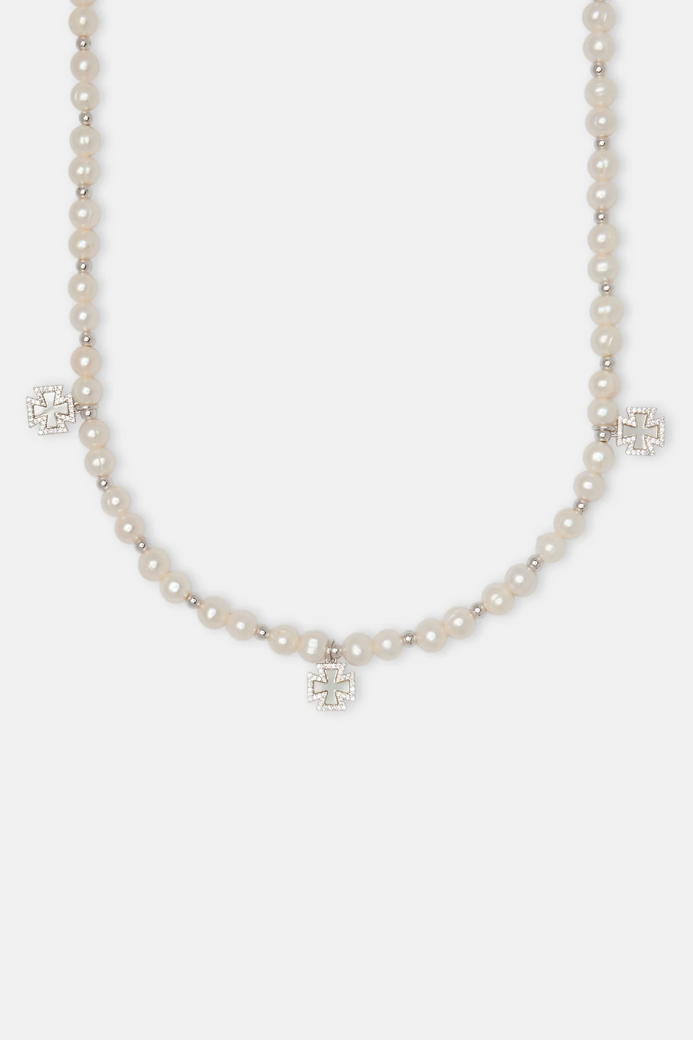Iced Cross Motif Freshwater Pearl Necklace - 6mm - Image 2