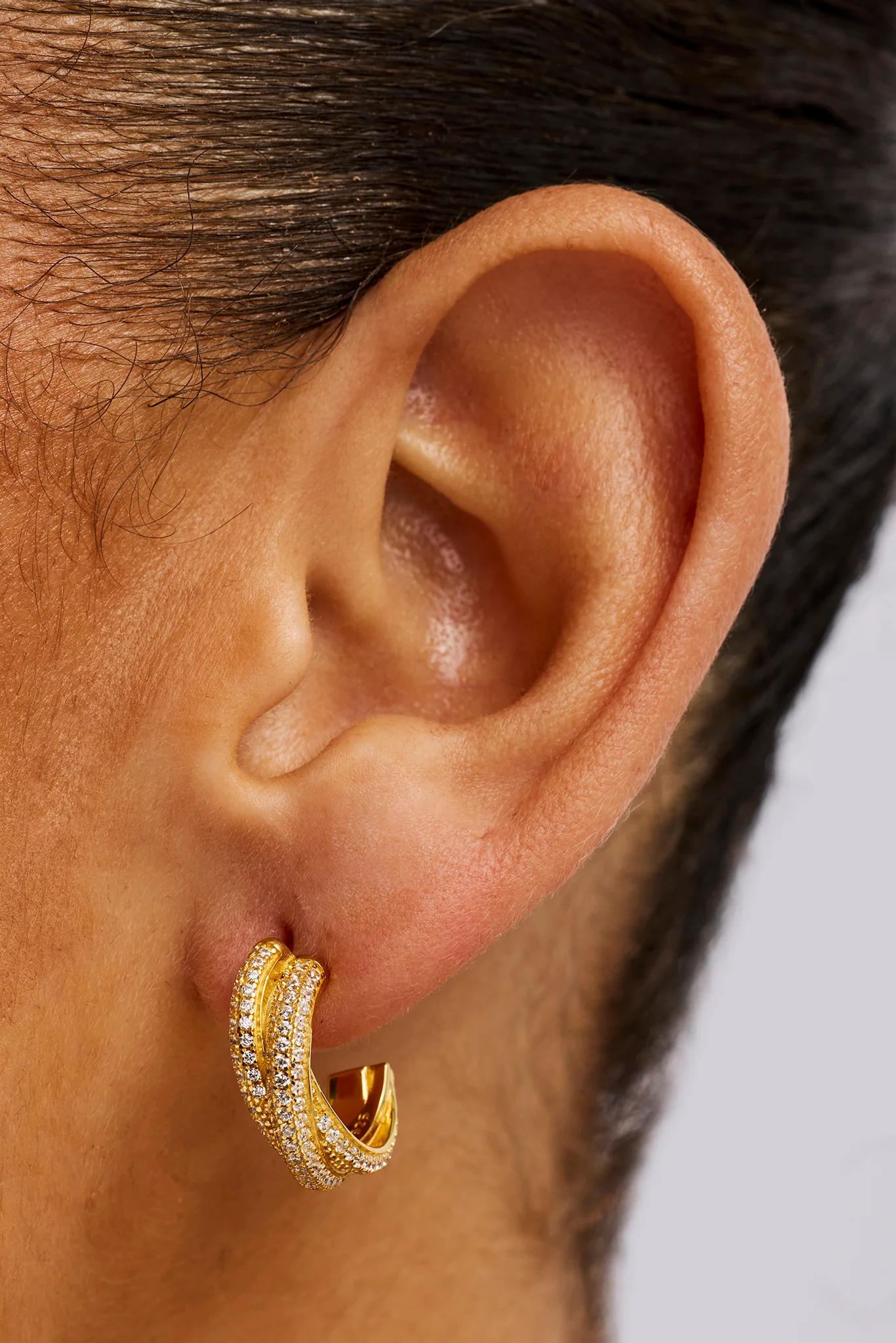 Iced Cross Over Hoop Earrings - 20mm - Gold - Image 2