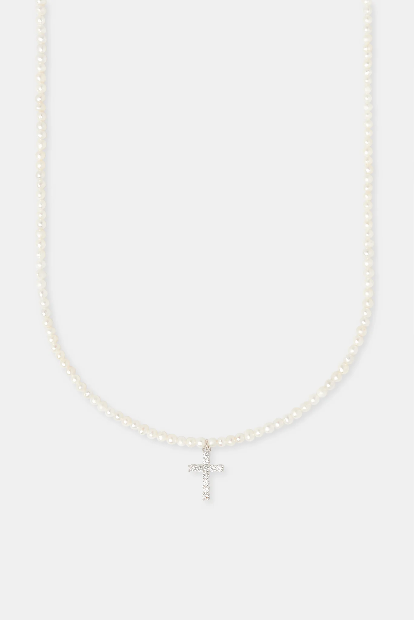 Iced Cross Pendant Freshwater Pearl Necklace - 15mm - Image 2