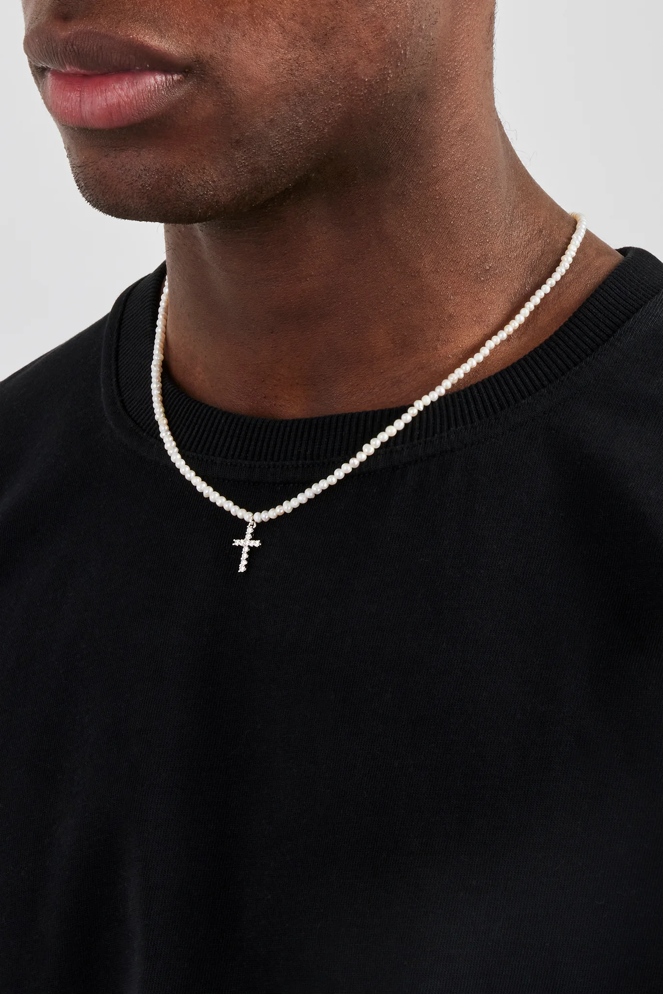 Iced Cross Pendant Freshwater Pearl Necklace - 15mm - Image 3