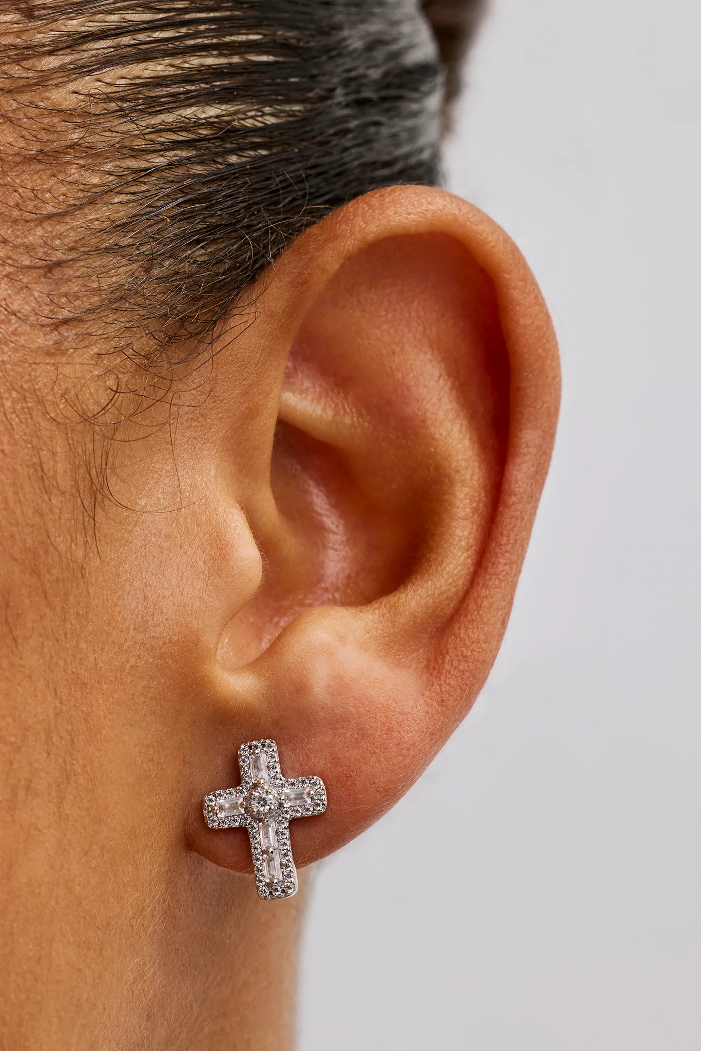 Iced Cross Stud Earrings - 15mm - White Gold - Image 2