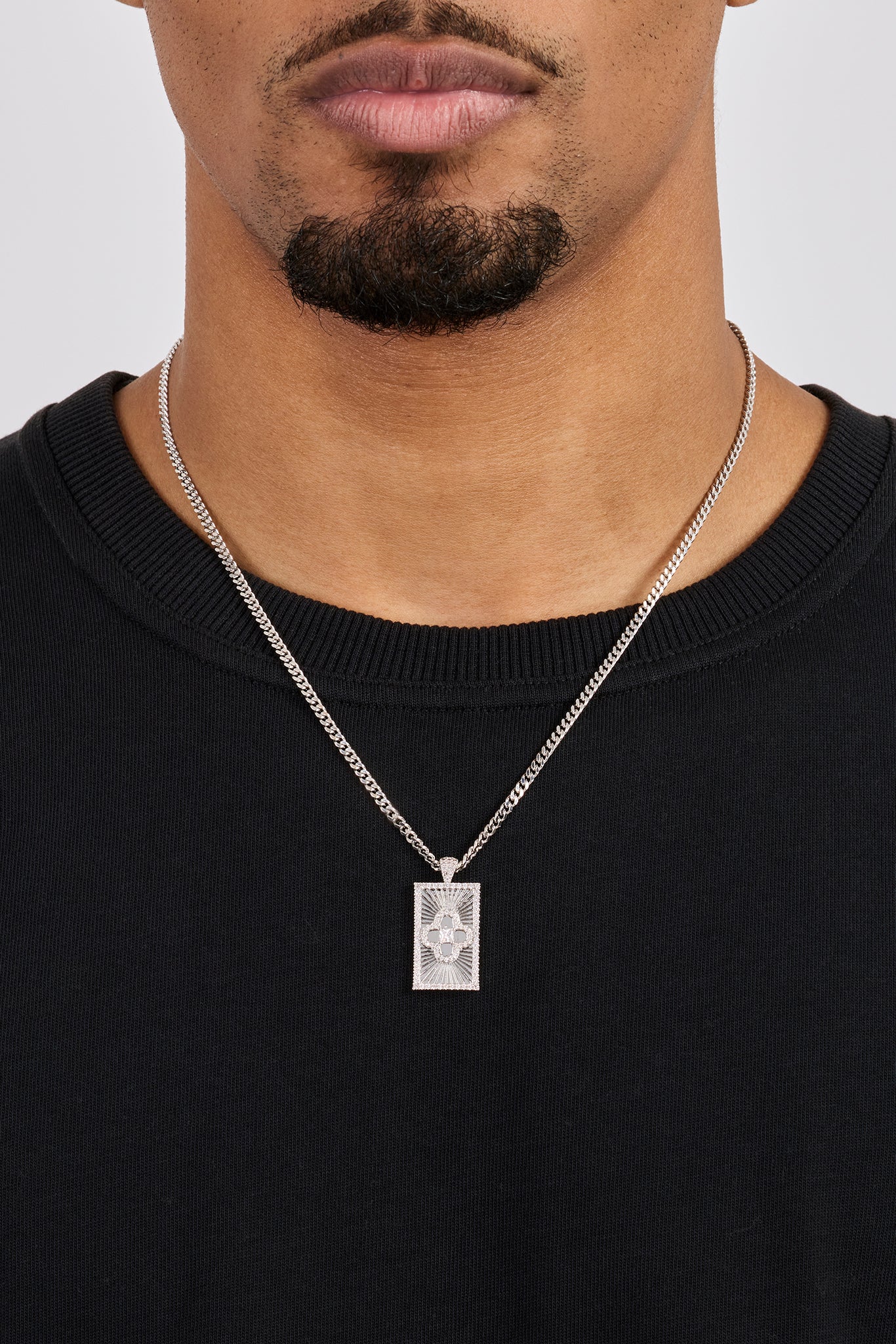 Iced Edge Motif Tag Micro Pendant Necklace - 15mm - White - Image 2