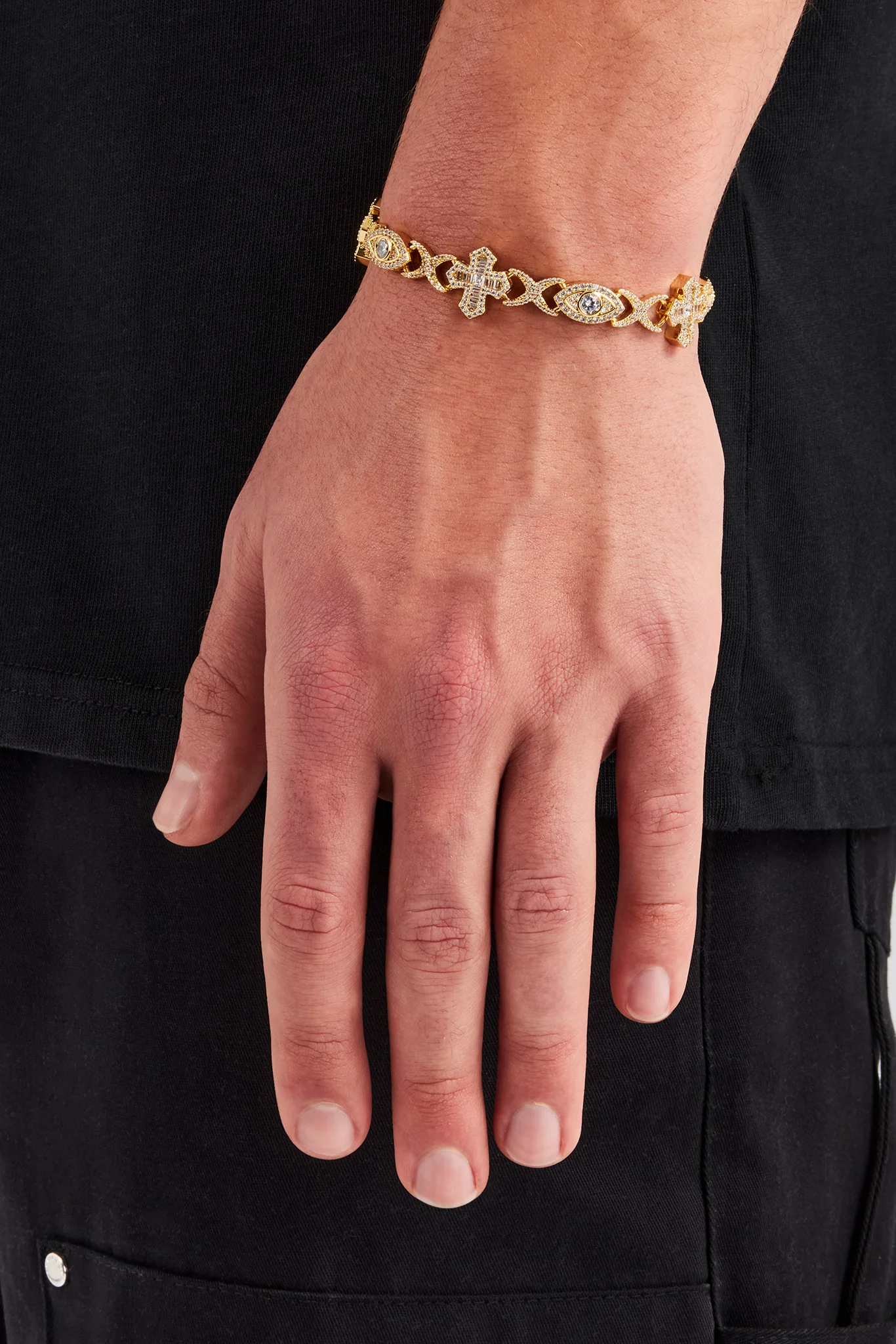 Iced Evil Eye & Cross Infinity Link Bracelet - 8mm - Gold