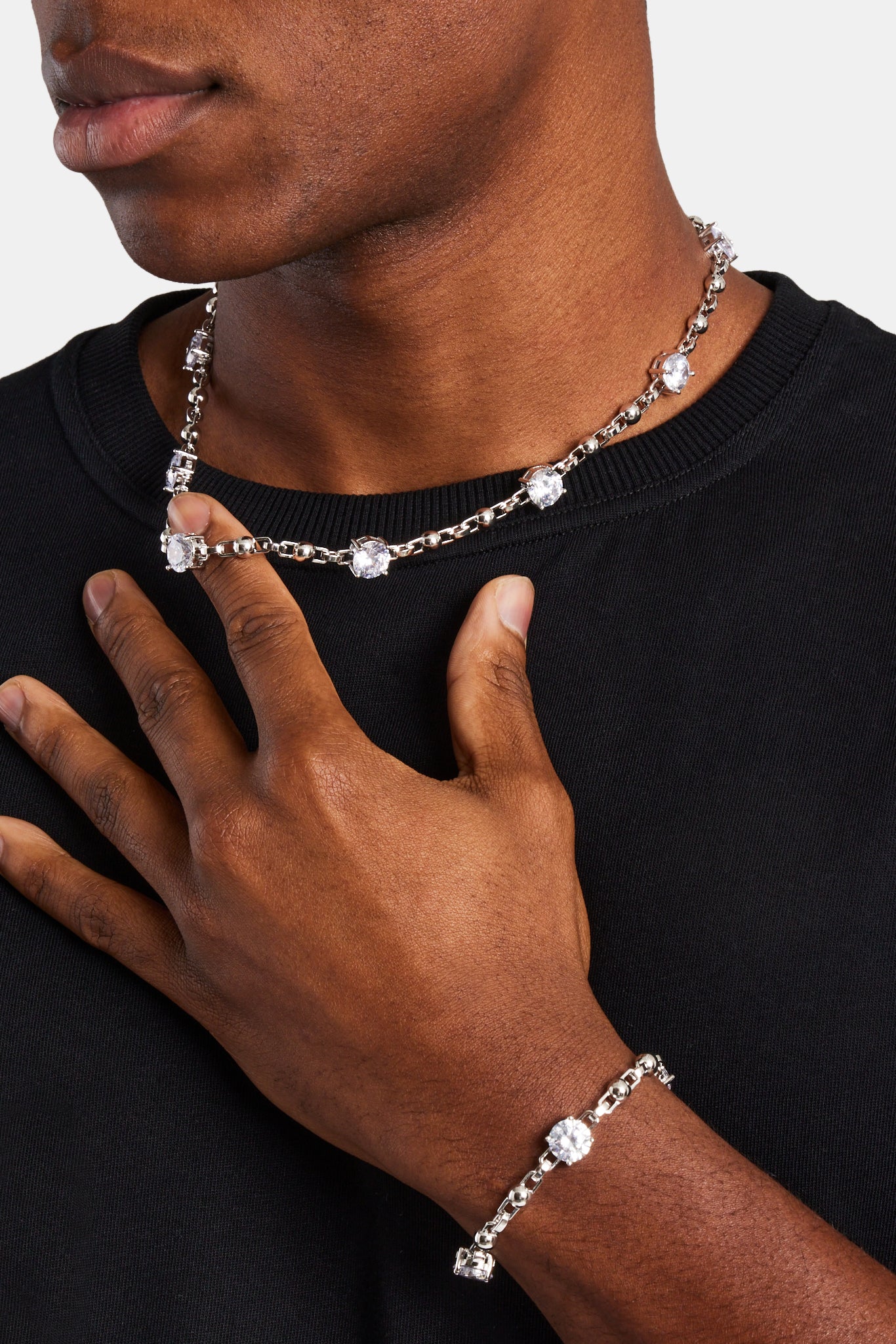 Iced Gem & Ball Mix Chain Bracelet - White - Image 3