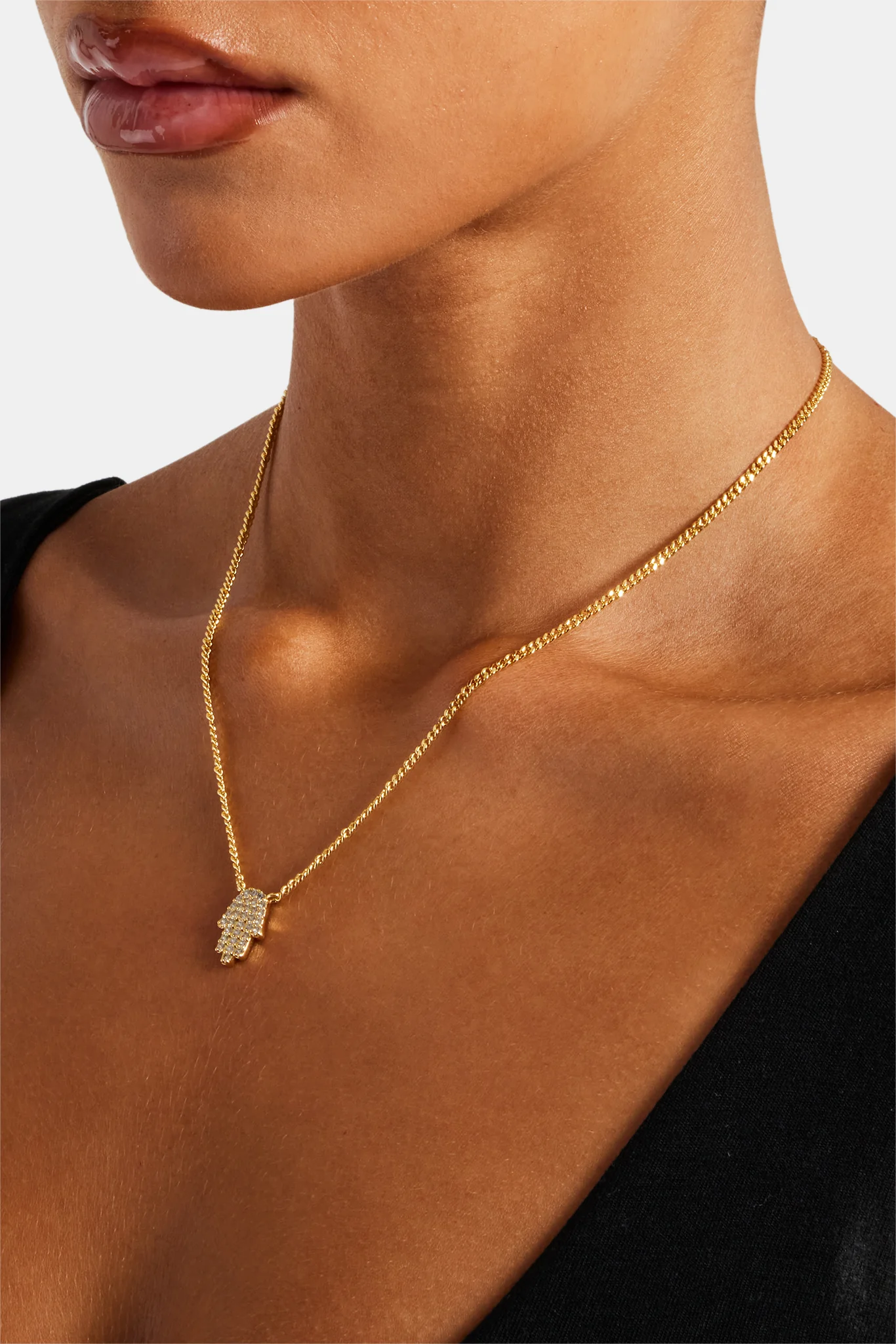 Iced Hamsa Hand Necklace - Gold - Image 3