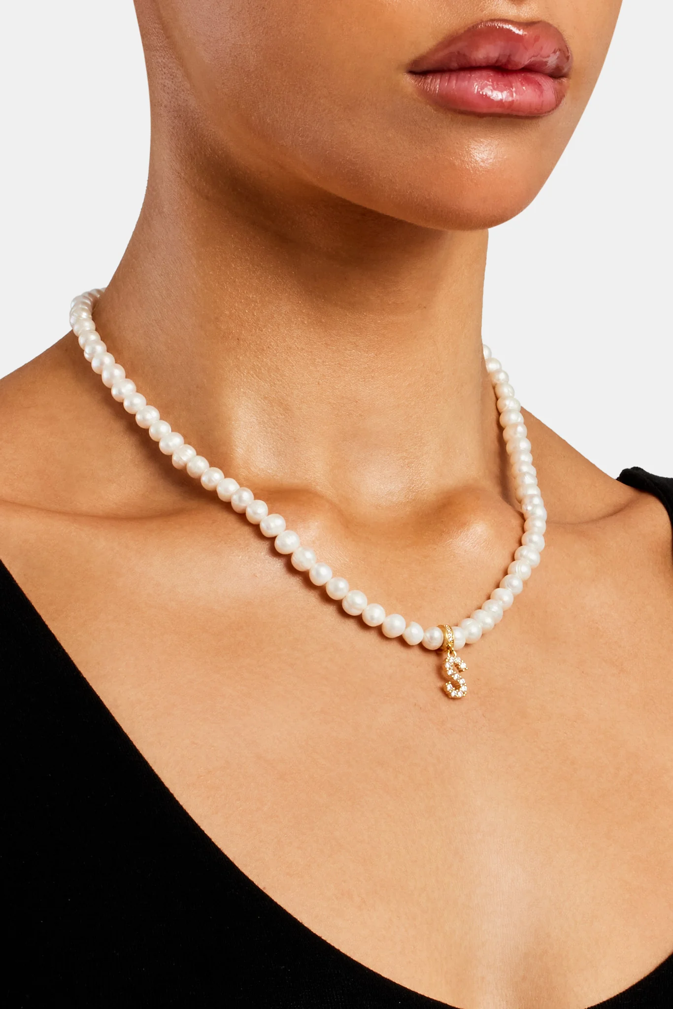 Iced Initial Clip On Pendant + 6mm Pearl Chain - Image 44