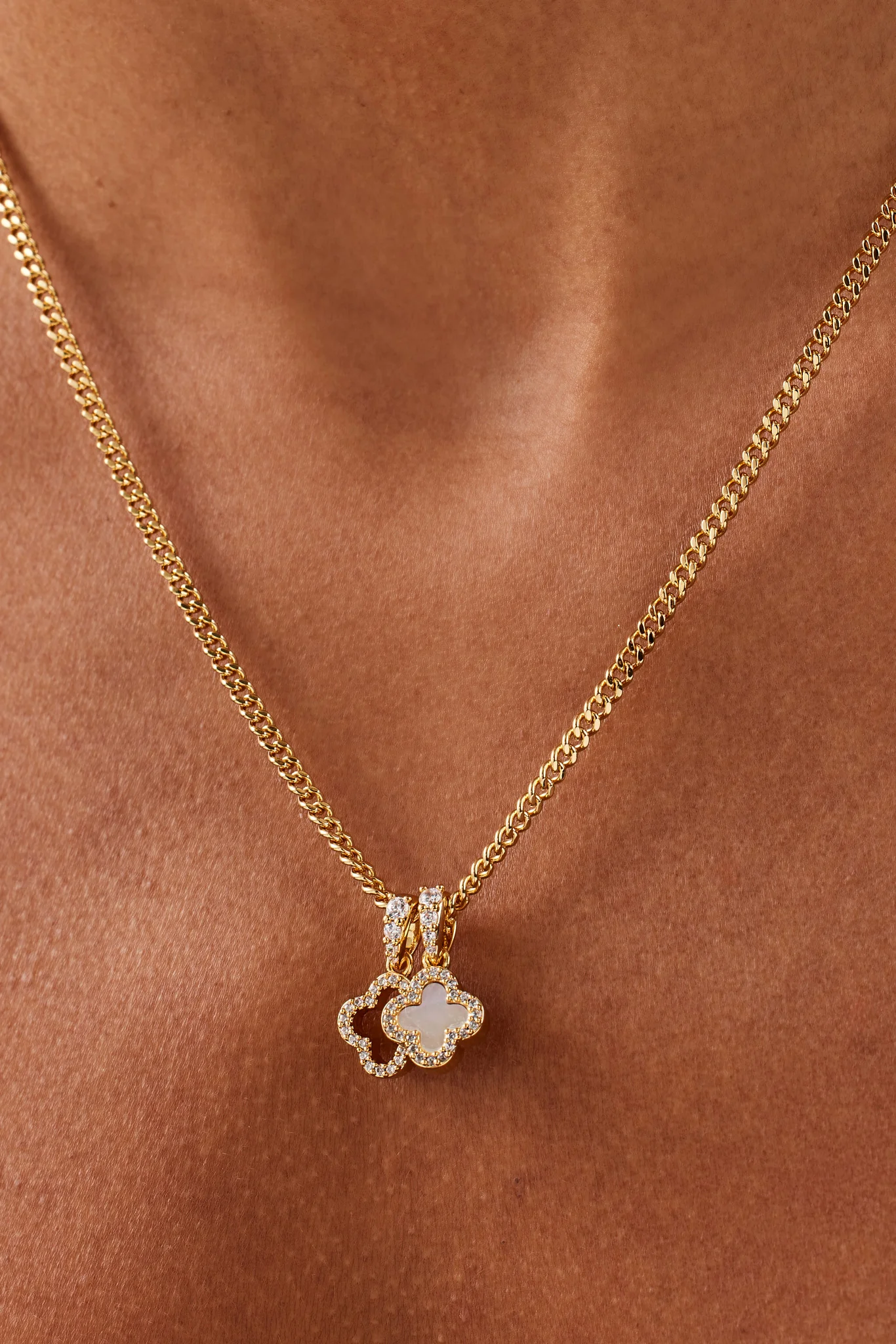 Iced & Mother Of Pearl Double Motif Necklace - 10mm - Gold - Image 4
