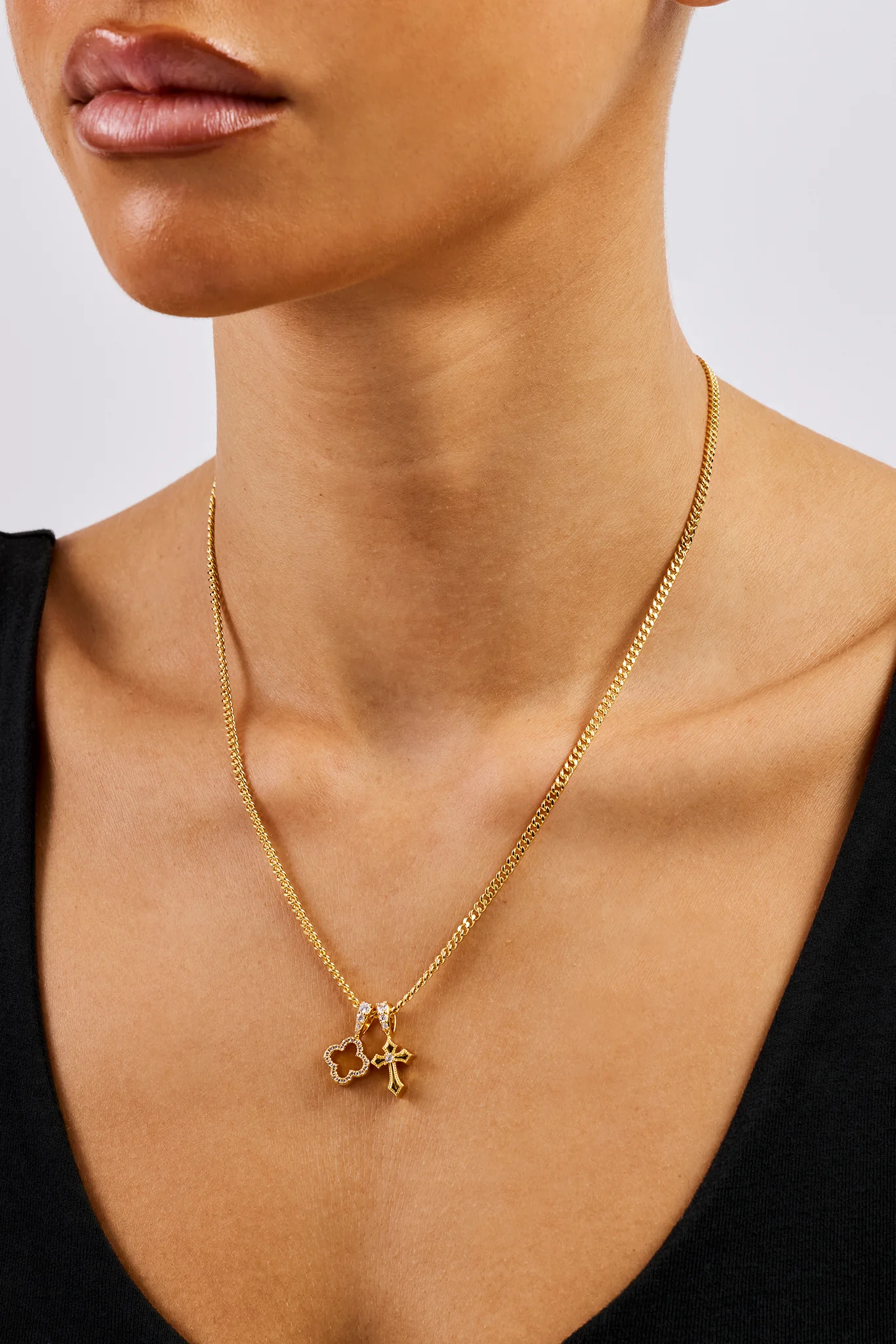 Iced Motif & Cross Pendant Necklace - 10mm - Gold - Image 4