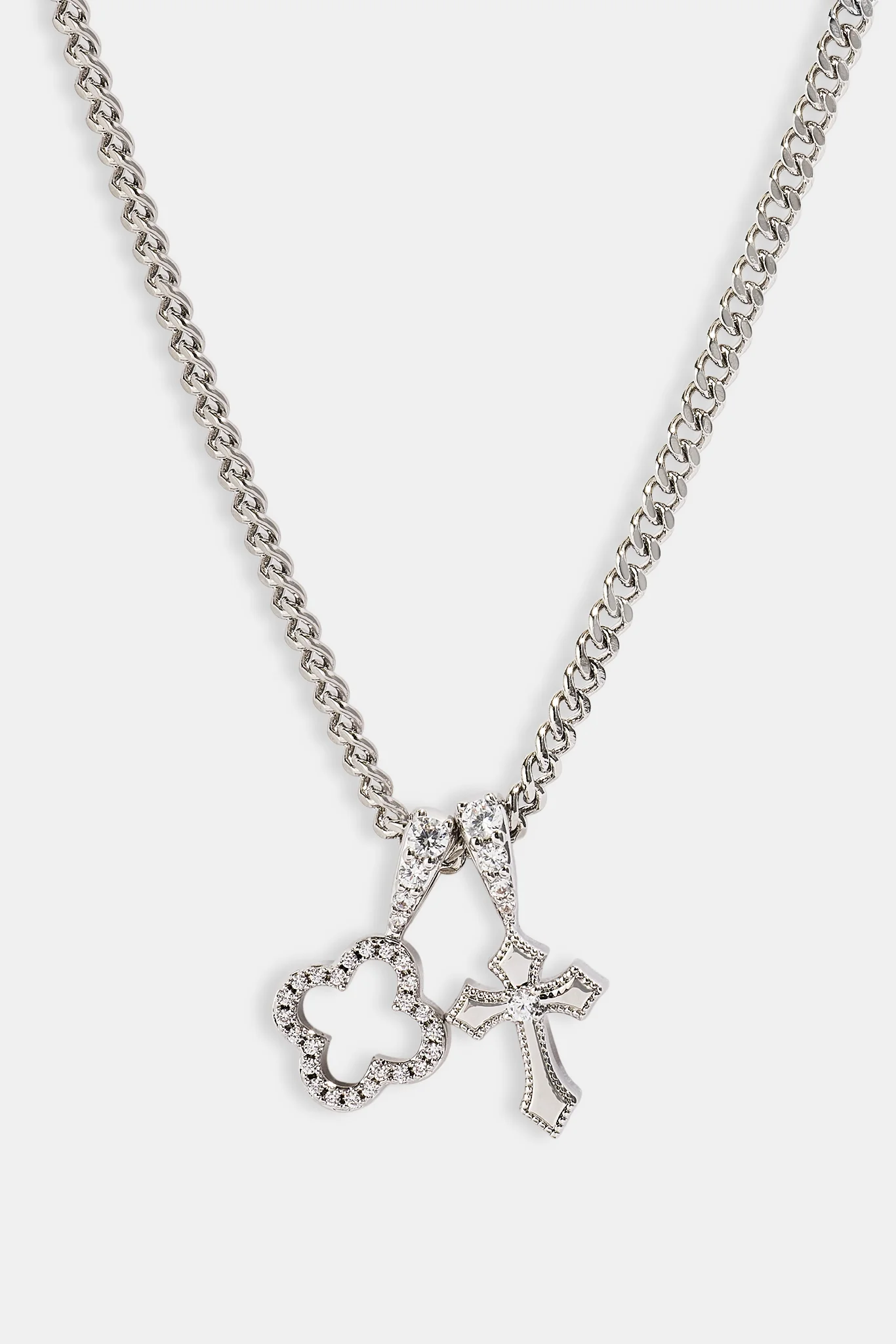 Iced Motif & Cross Pendant Necklace - 10mm - White - Image 3