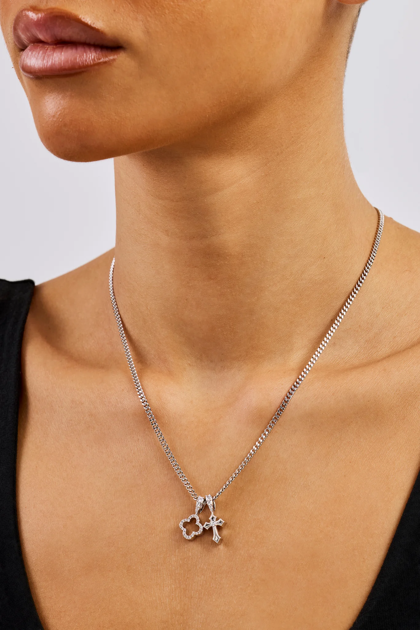 Iced Motif & Cross Pendant Necklace - 10mm - White - Image 4