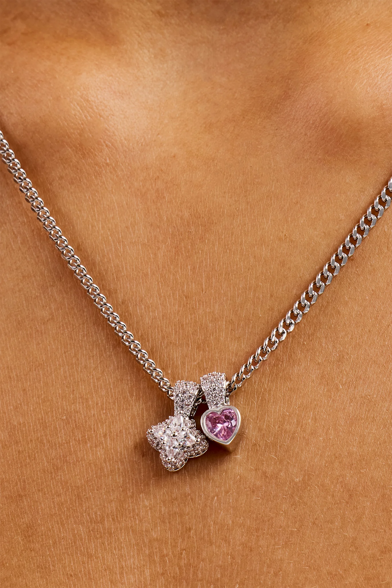 Iced Motif & Heart Cuban Necklace - 10mm - White - Image 2