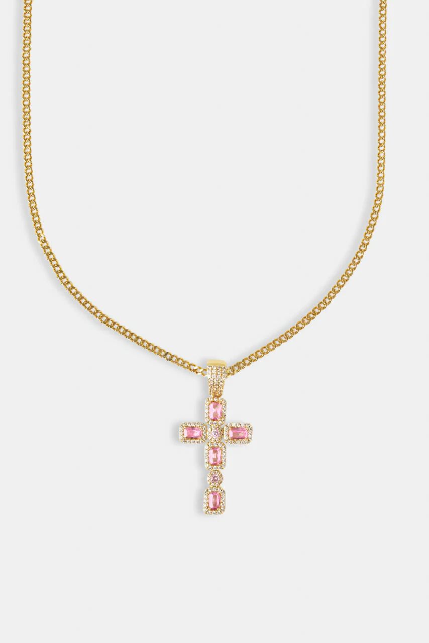 Iced Pink Gemstone Cross Cuban Necklace - 40mm - Image 2