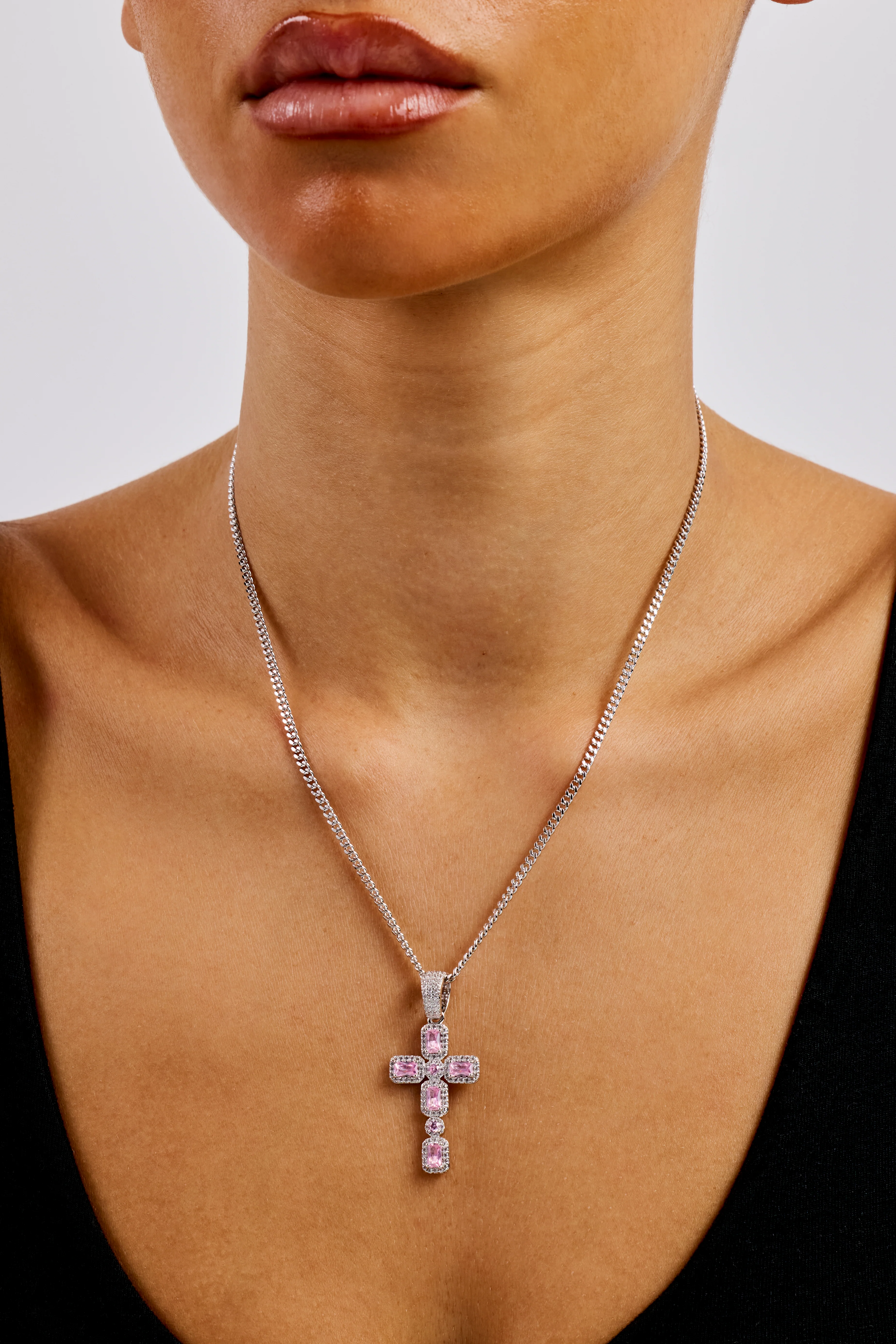 Iced Pink Gemstone Cross Cuban Necklace - 40mm - White - Image 2