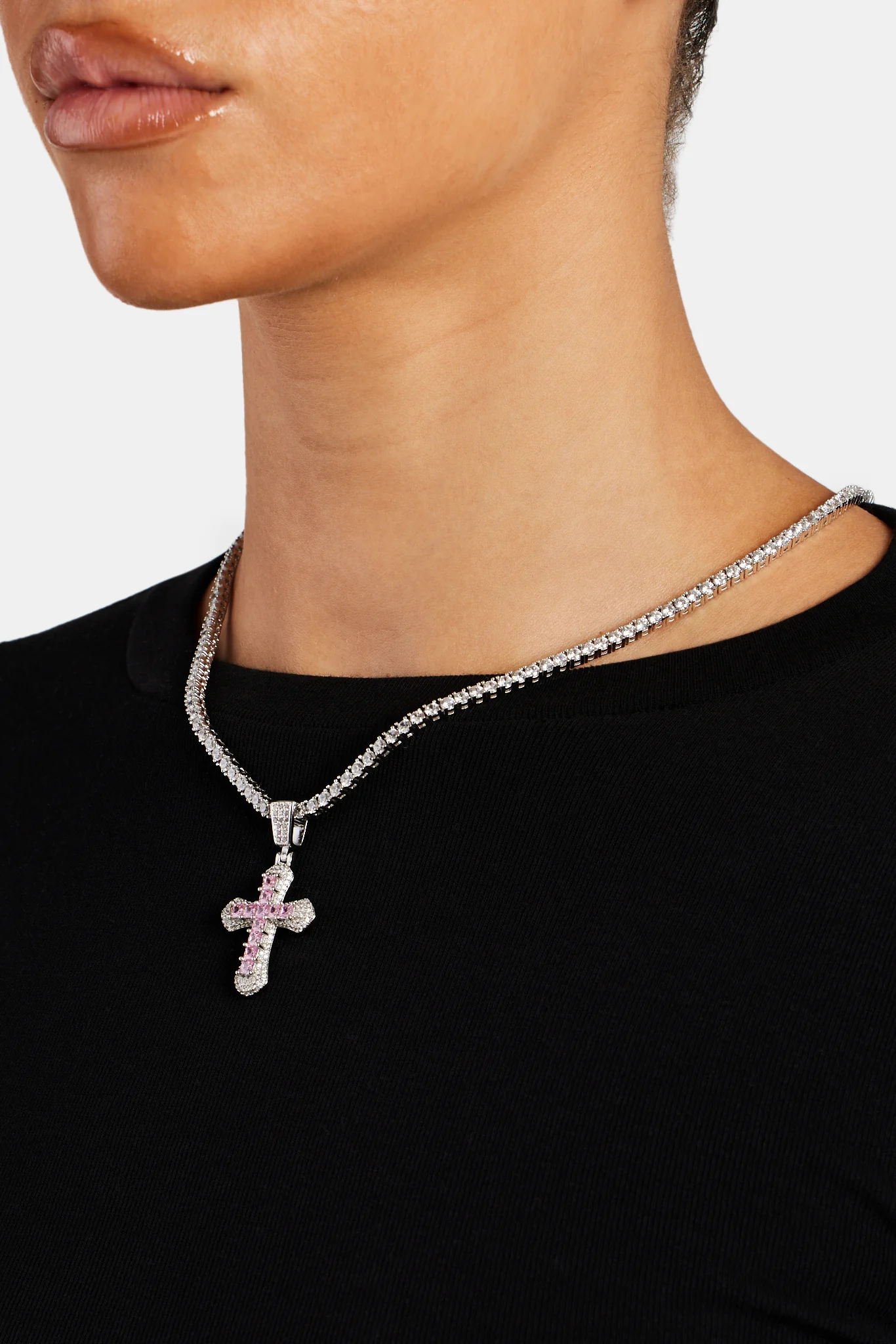 Iced Pink Square CZ Cross Pendant - Image 6