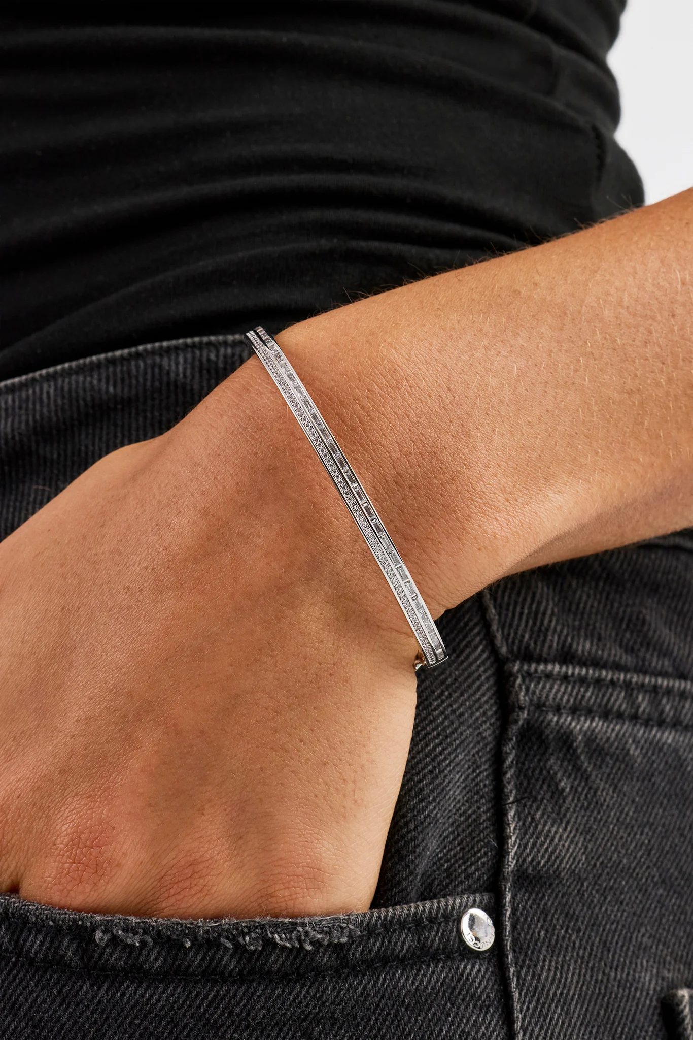 Iced Tennis & Baguette Stone Bangle - 4mm - White - Image 3