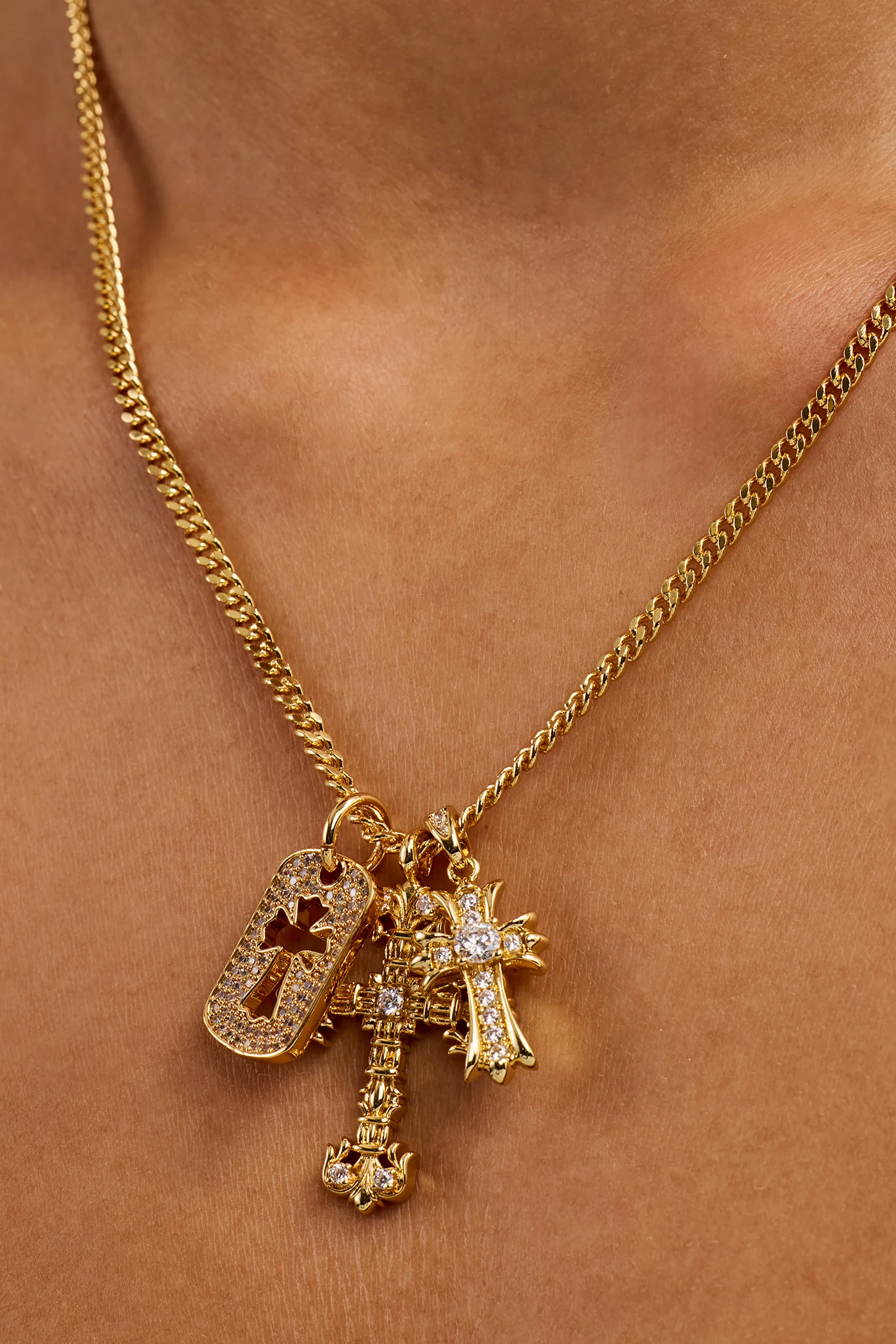 Iced Triple Cross & Tag Necklace - 20mm - Gold