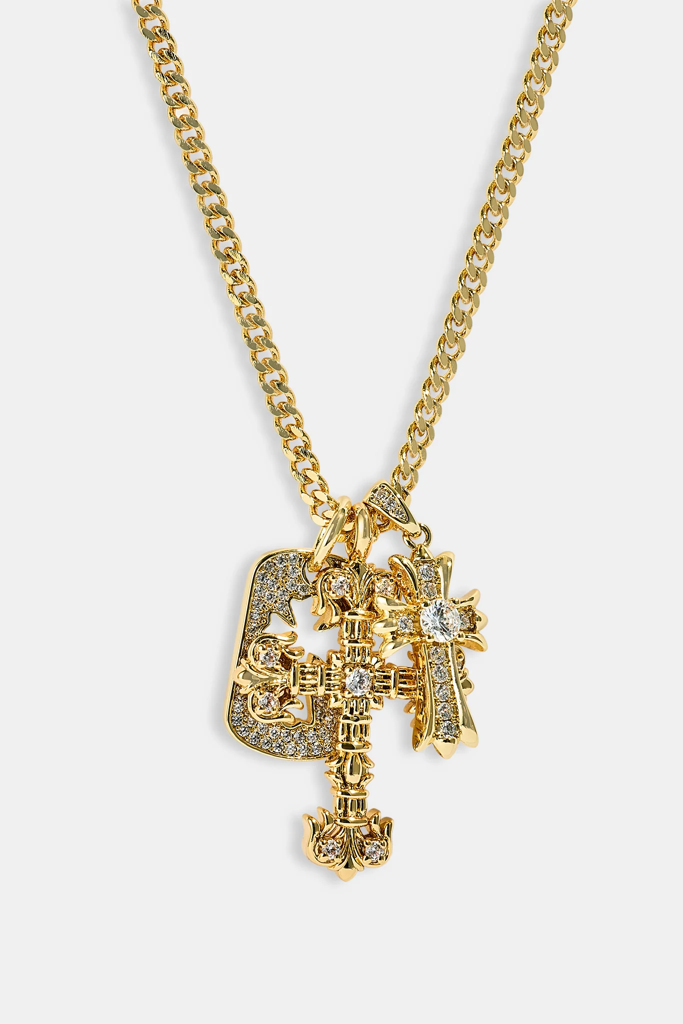 Iced Triple Cross & Tag Necklace - 20mm - Gold - Image 2