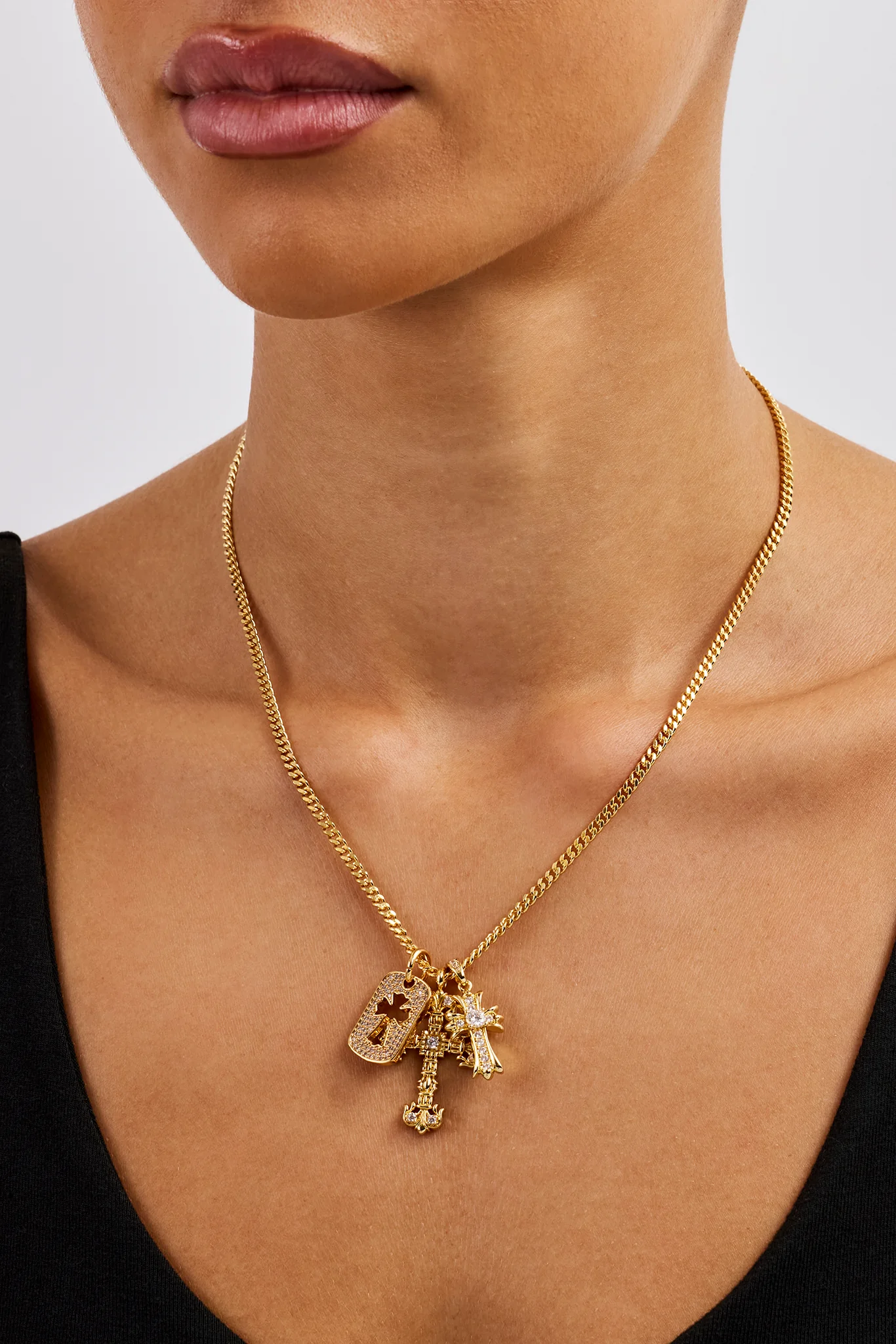 Iced Triple Cross & Tag Necklace - 20mm - Gold - Image 3