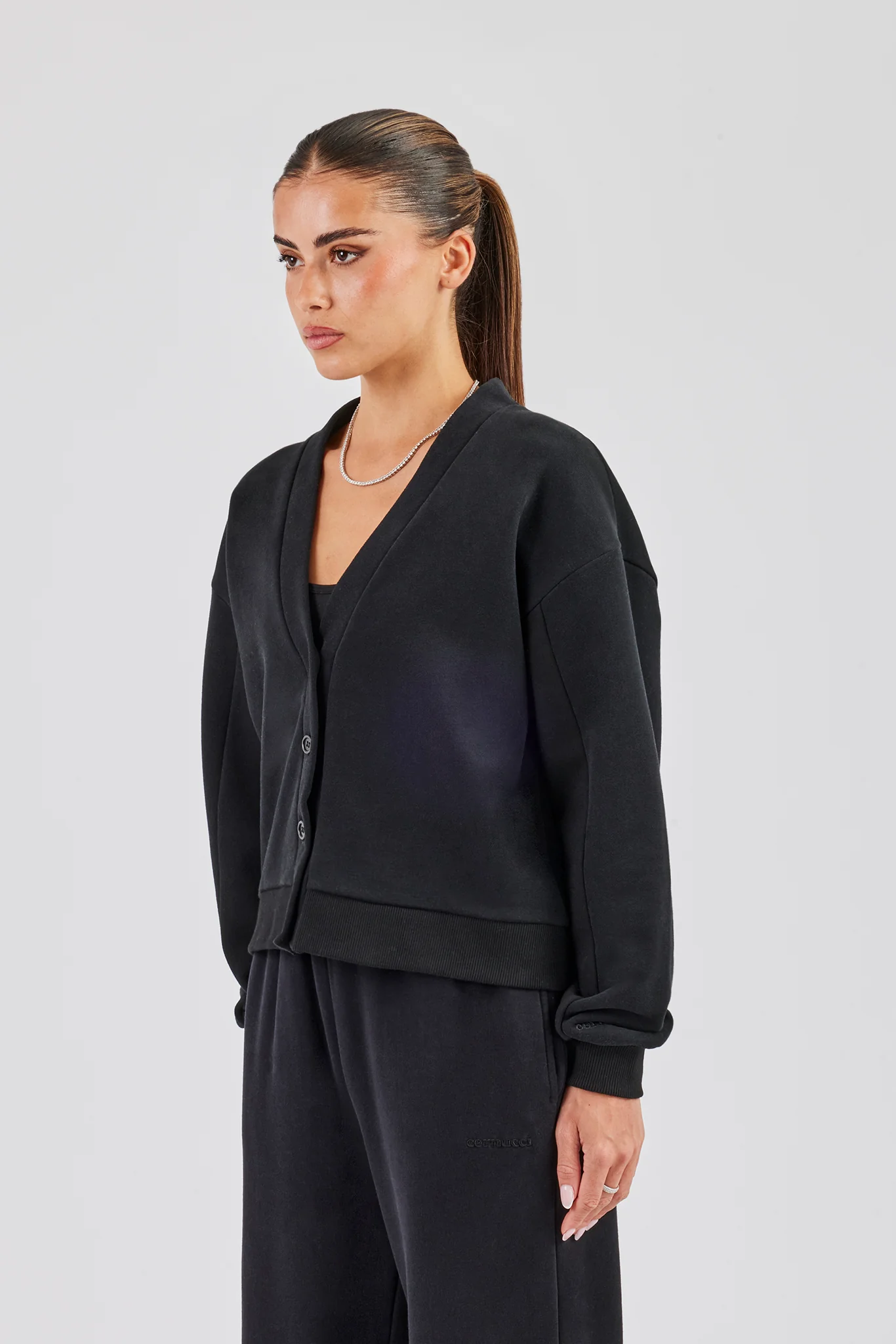 Jersey Boxy Cardigan & Wide Leg Jogger - Black - Image 2