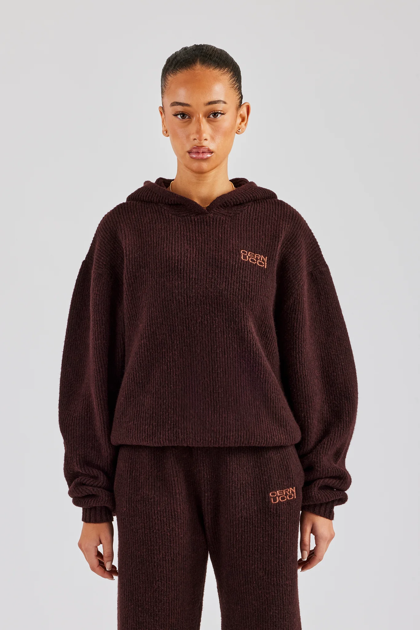 Knit Boxy Embroidered Hoodie - Chocolate - Image 4