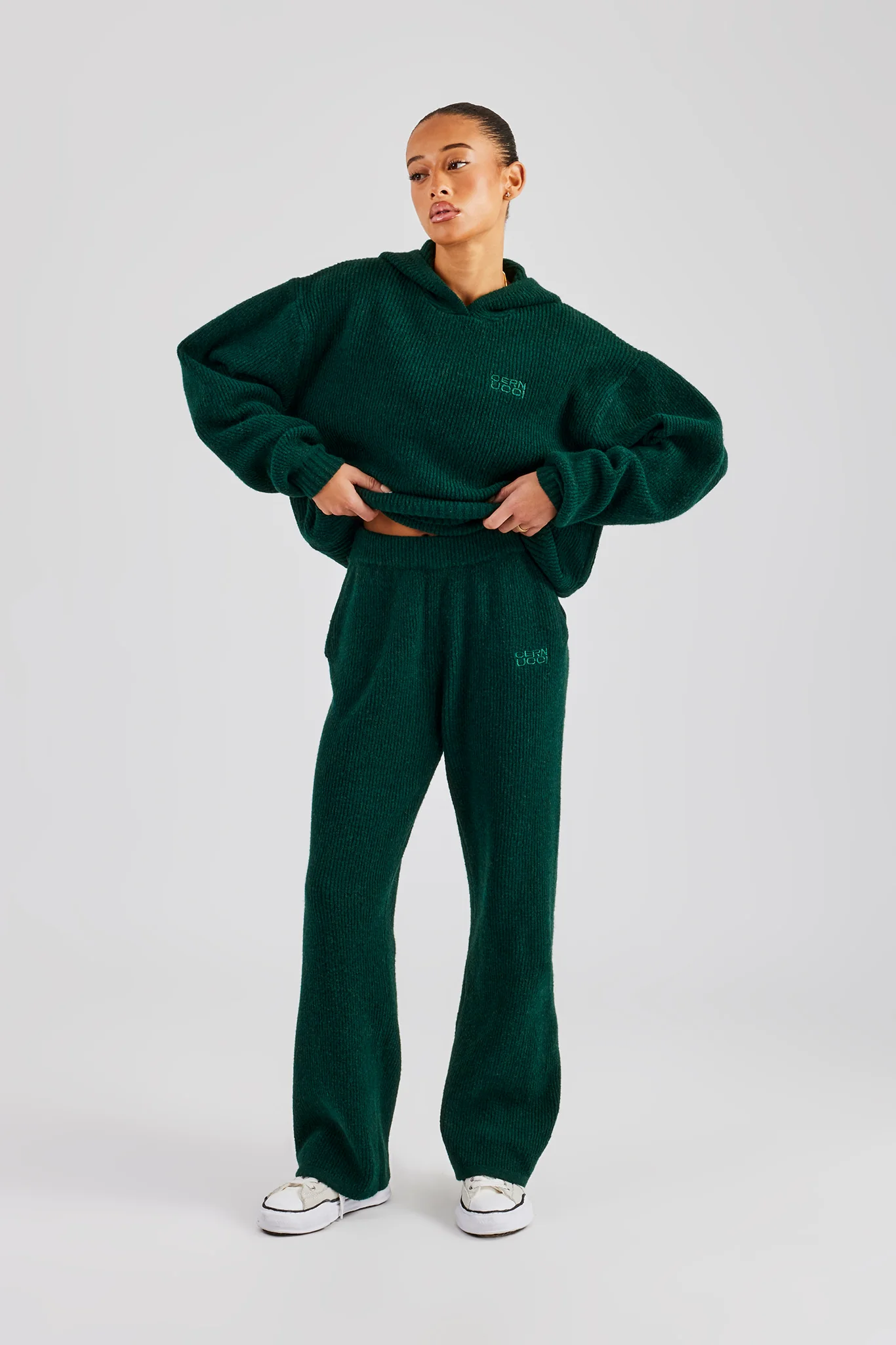 Knit Boxy Embroidered Hoodie - Forest Green - Image 2