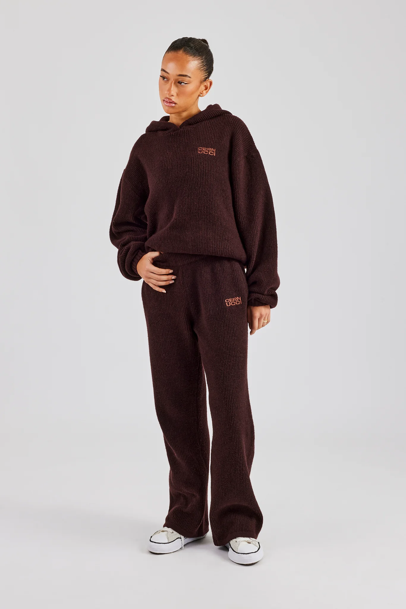 Knit Boxy Embroidered Tracksuit - Chocolate - Image 2