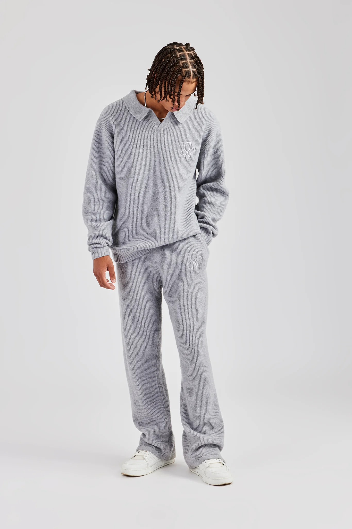 Knit Collared Sweat & Jogger Set - Grey - Image 3
