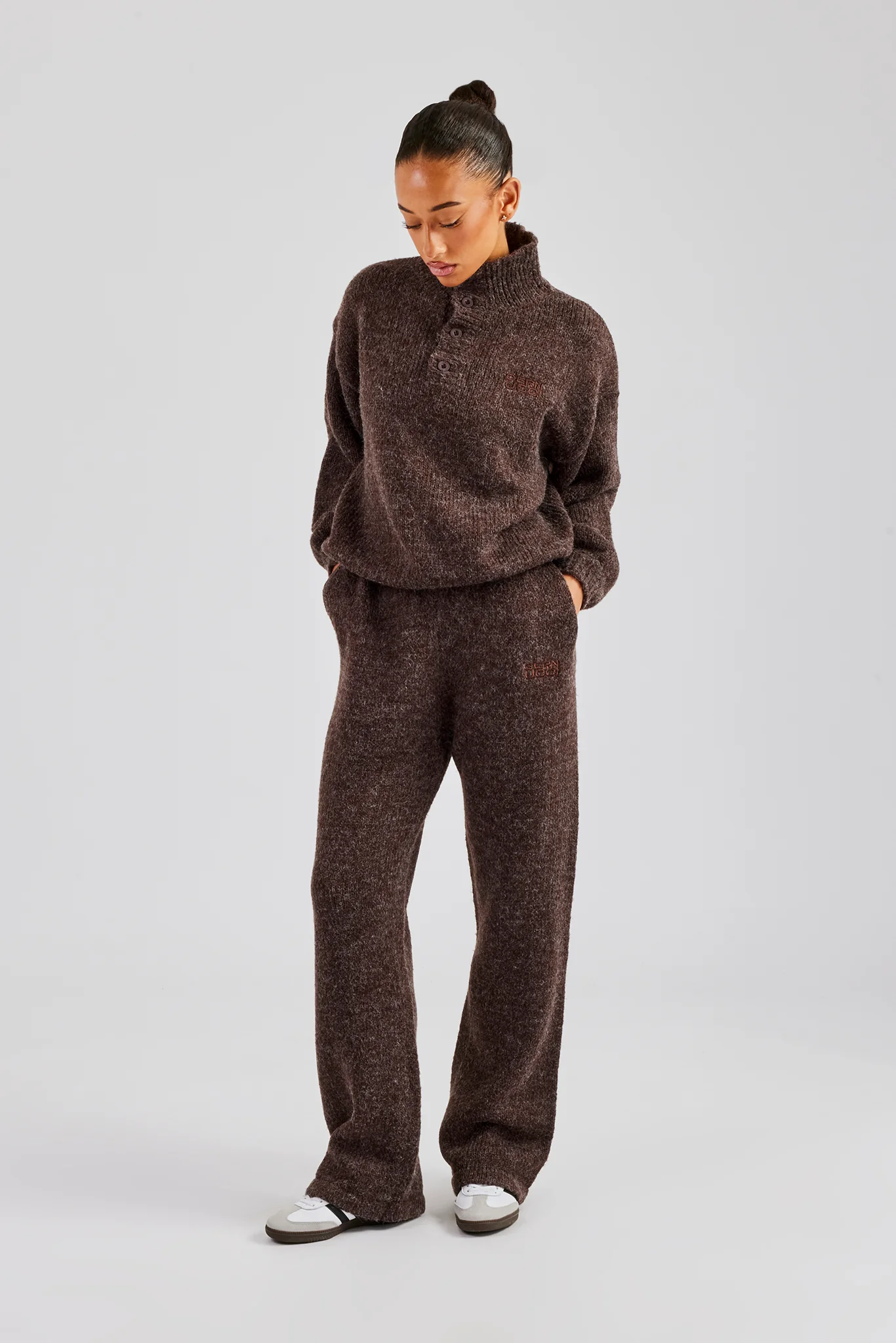 Knit Wide Leg Embroidered Jogger - Chocolate - Image 4