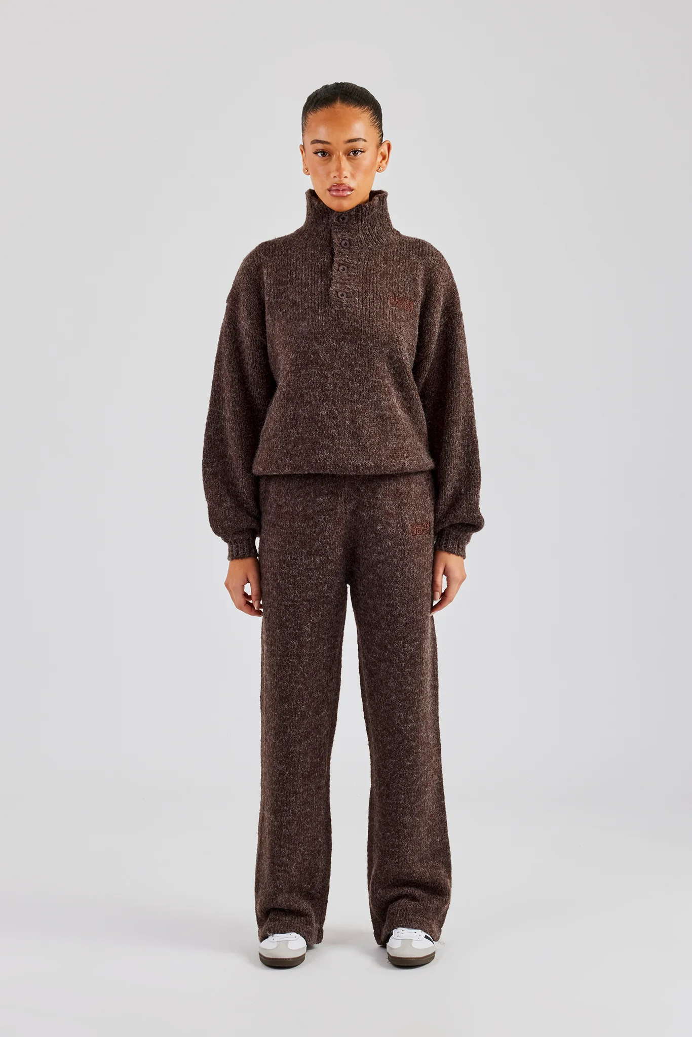Knit Wide Leg Embroidered Jogger - Chocolate - Image 5
