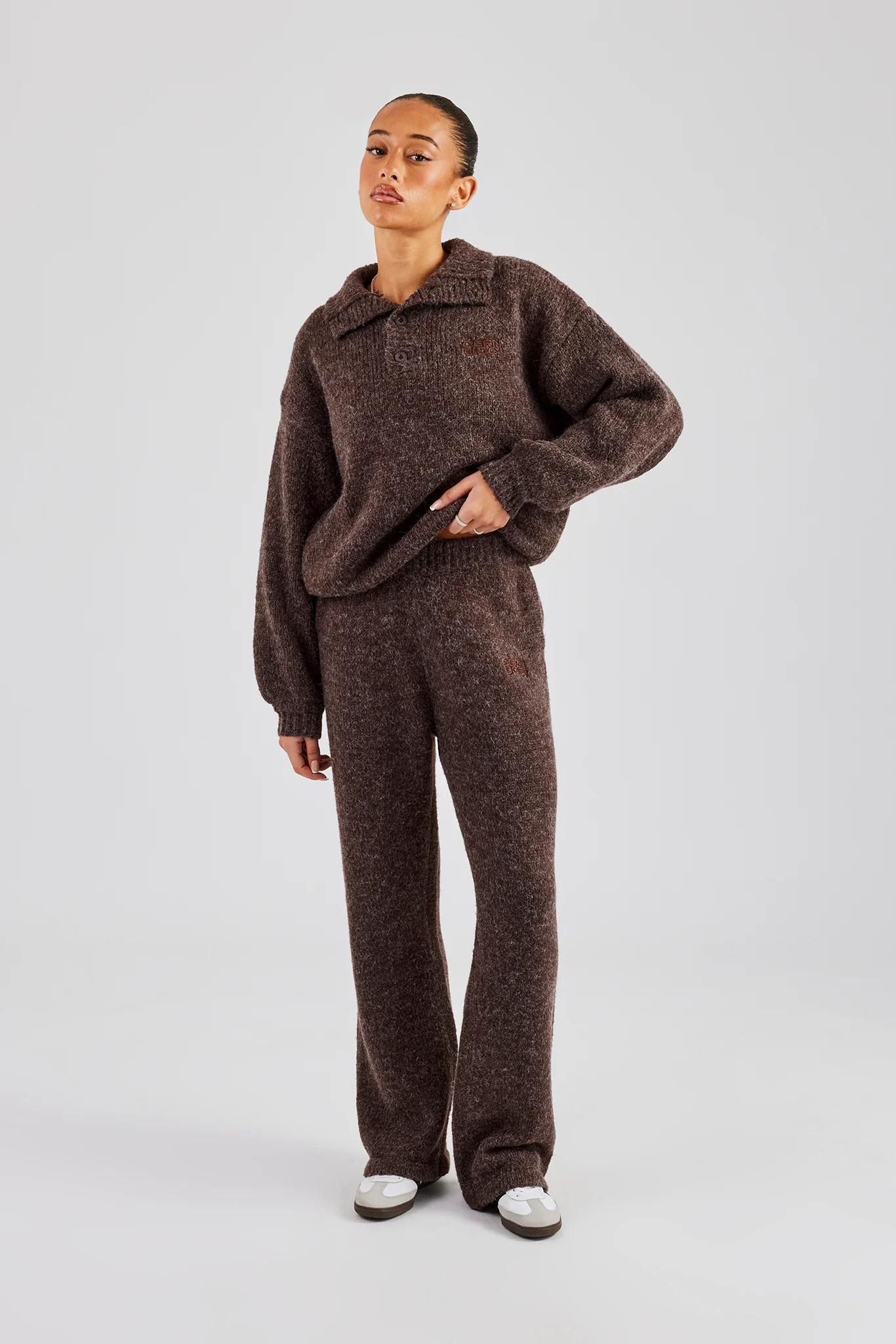 Knit Wide Leg Embroidered Jogger - Chocolate - Image 8
