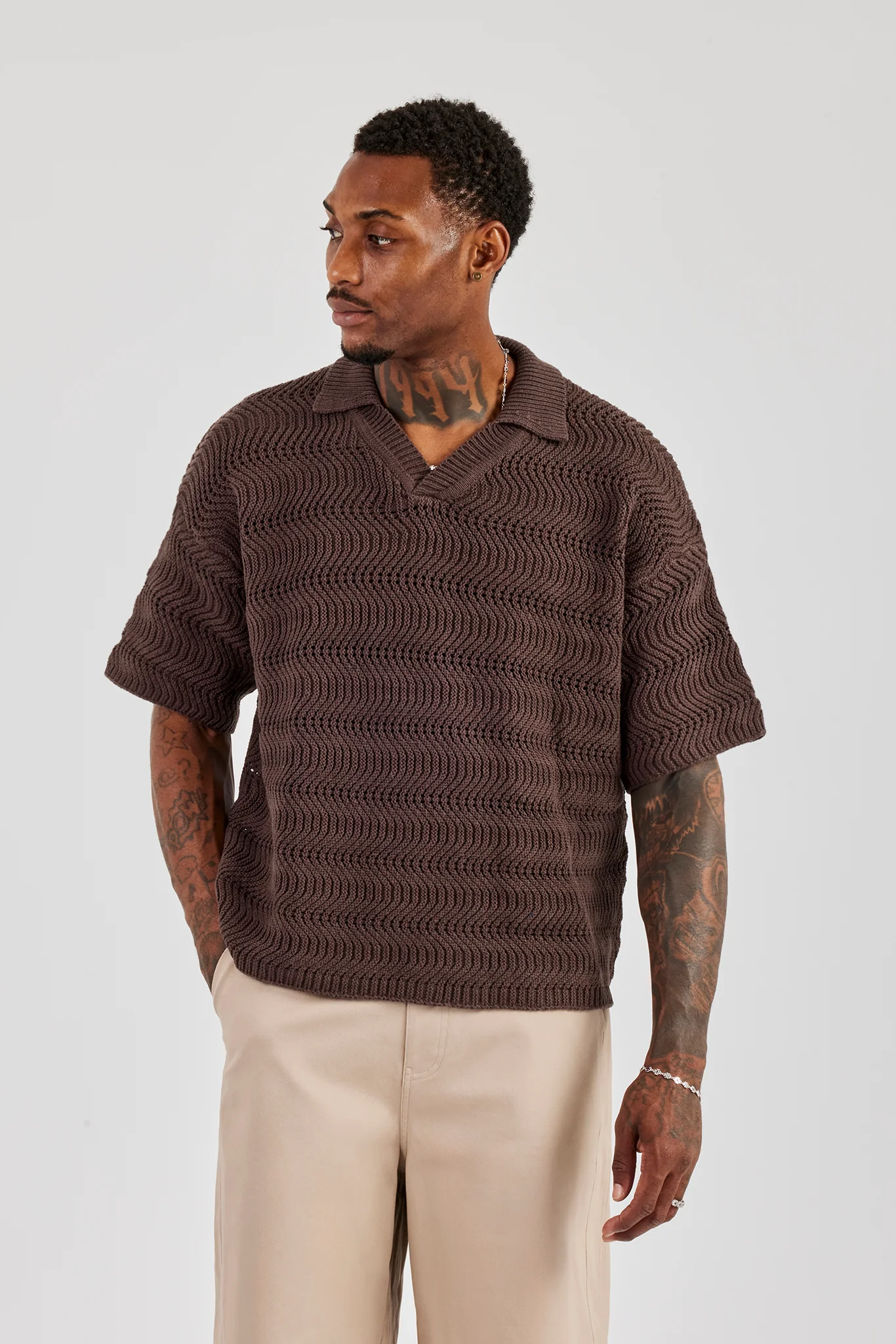 Knitted Boxy Polo - Chocolate - Image 3